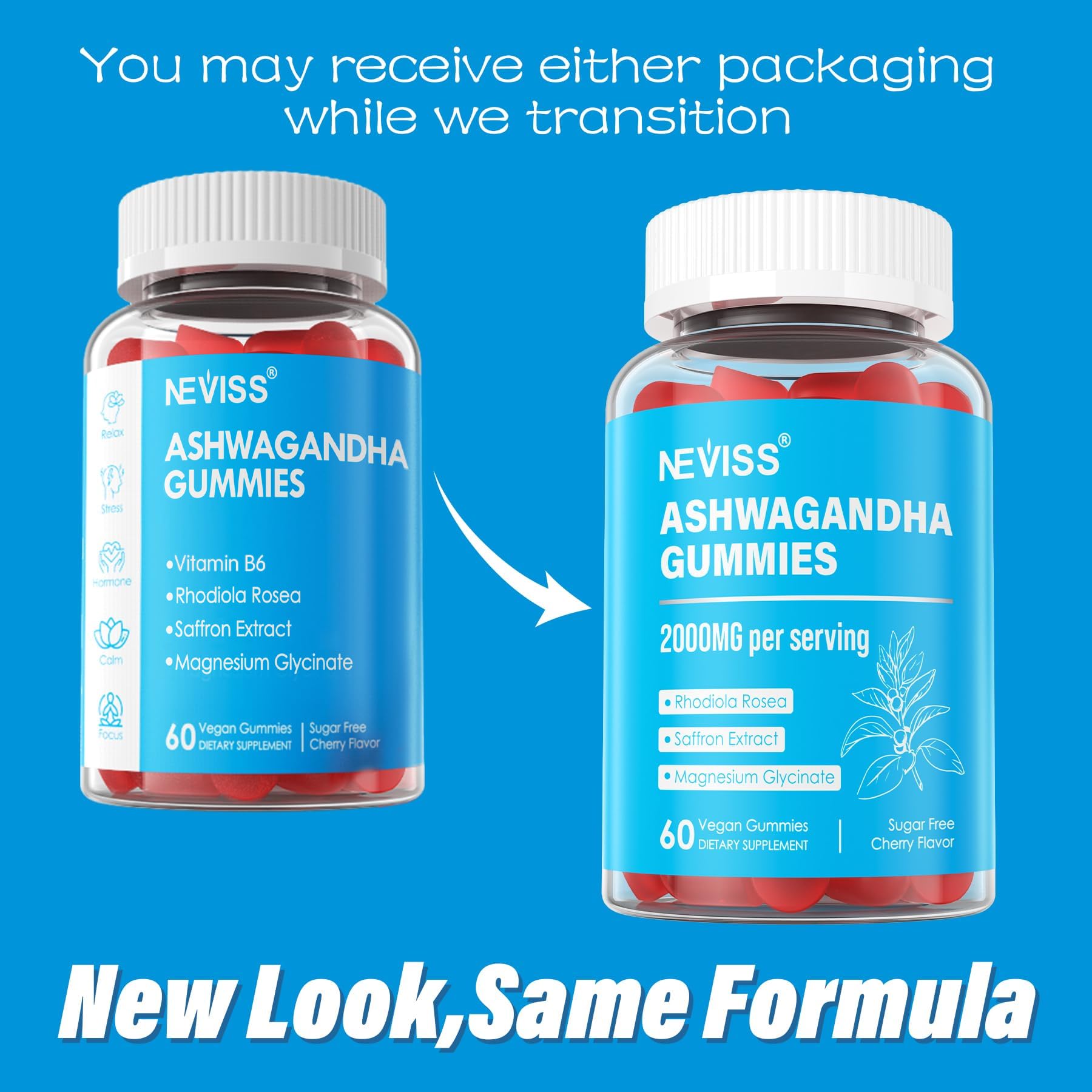 Sugar Free Ashwagandha Gummies - with Magnesium Glycinate, Rhodiola Rosea, Zinc, Lemon Balm, B6 - Relaxation Support, Natural Zzz, Stamina, Energy for Men Women - 60 Counts NEVISS uk supplements