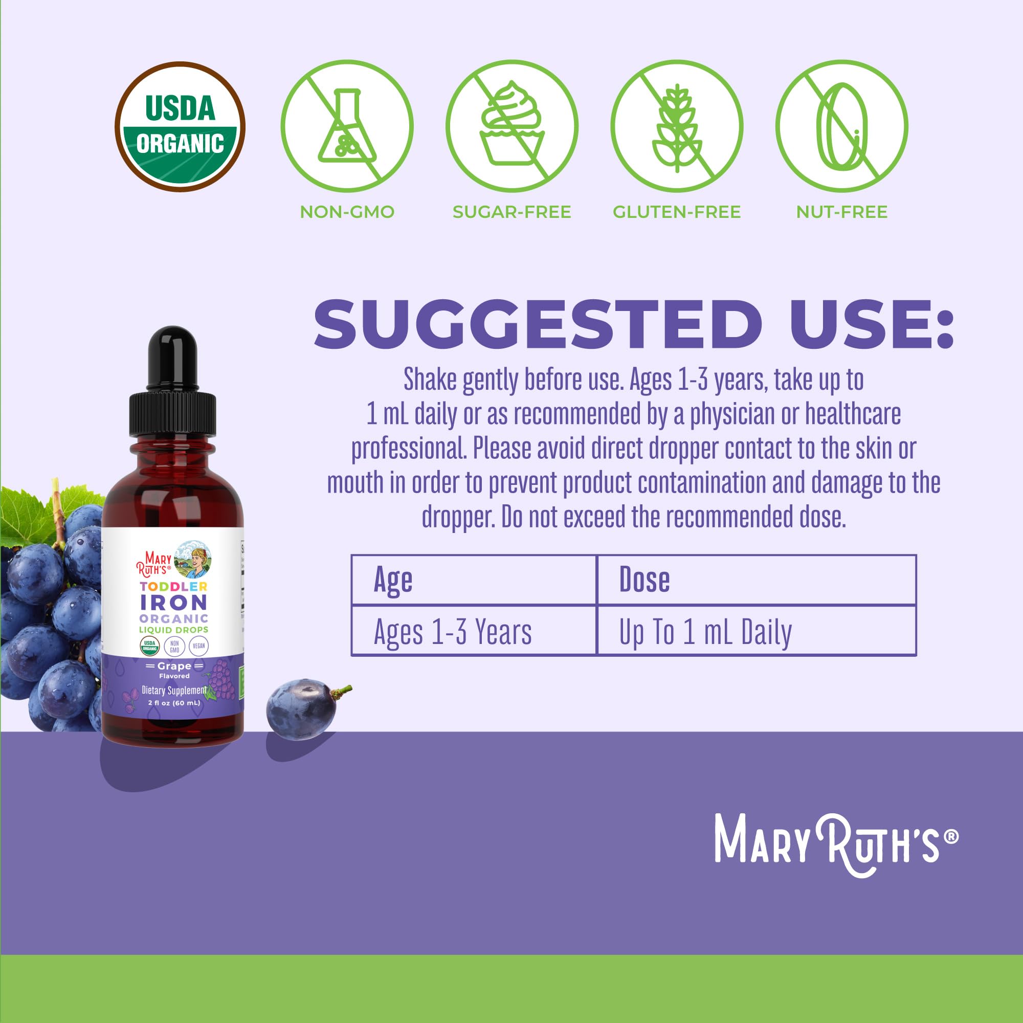 MaryRuth's Iron Supplement for Toddlers | Liquid Iron Supplement for Children Ages 1-3 | Iron Supplement for Iron Deficiency | Ferrochel | Sugar Free | Vegan | Non-GMO | Gluten Free | 2 Fl Oz MARYRUTH'S uk supplements