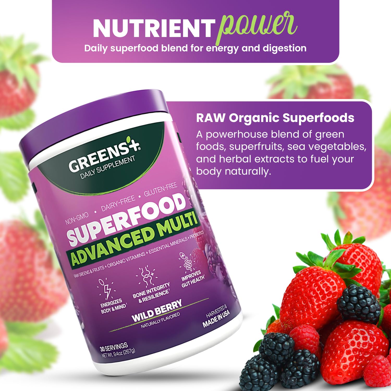Greens+ Advanced Multi Wild Berry Superfood Powder, Organic Blend, Vegan, Non-GMO, Soy-Free, Dairy-Free, Gluten-Free, Dietary Supplement with Vitamins & Minerals, 9.4 oz Greens+ uk supplements