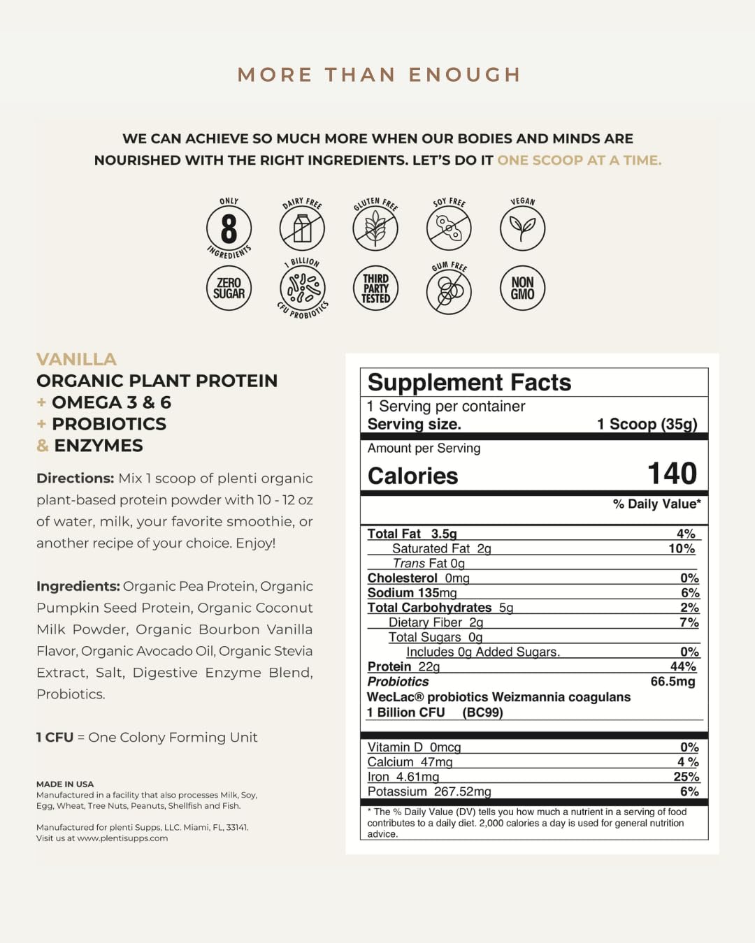 plenti Organic Plant-Based Protein Powder: Vanilla - 20g Pea Protein + Probiotics, Digestive Enzymes & Omega 3-6, Gut Friendly, Sugar Free, 27 Servings (2 lbs) plenti uk supplements