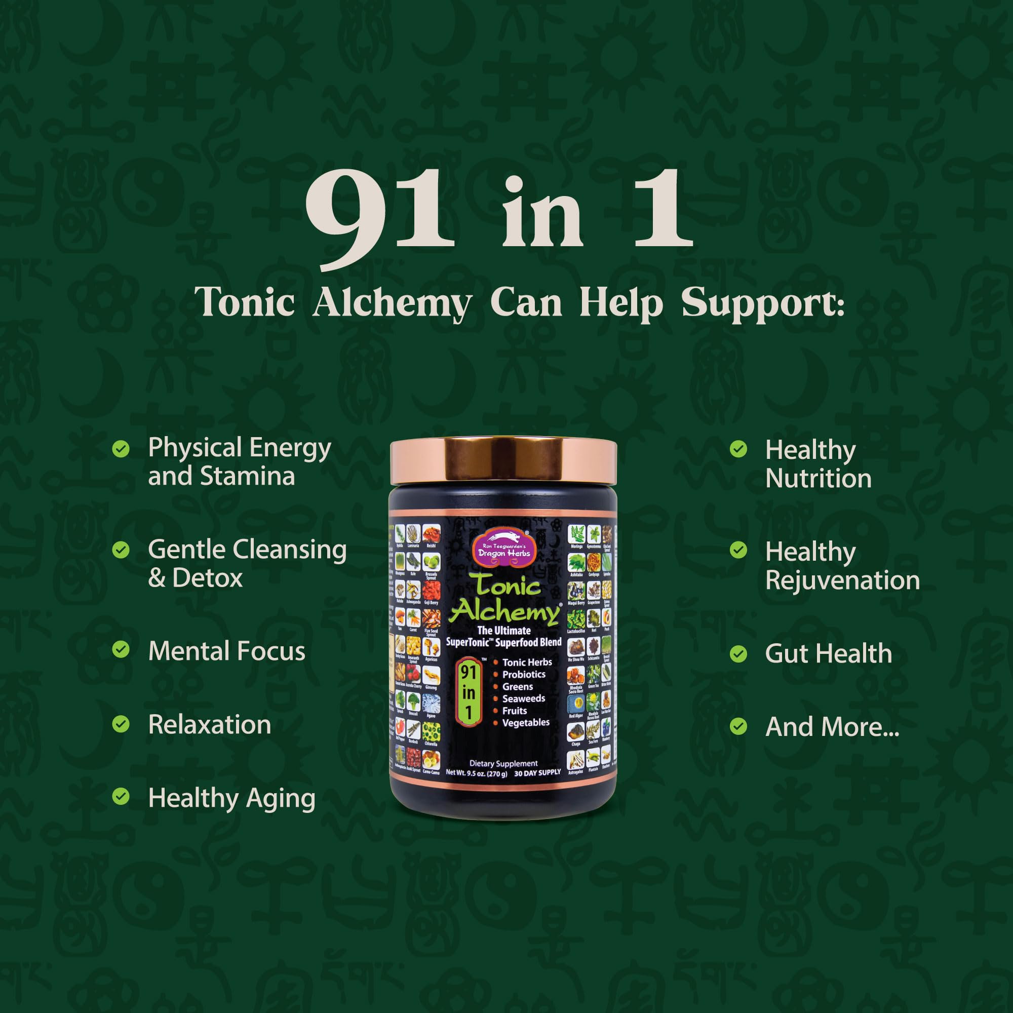 Dragon Herbs Tonic Alchemy Superfood Greens Powder with 91 Ingredients: Tonic Herbs, Ashwagandha, Mushrooms, Probiotics, Super Greens, Seaweeds, Fruits, Vegetables, Spirulina - 30 Servings Dragon Herbs uk supplements