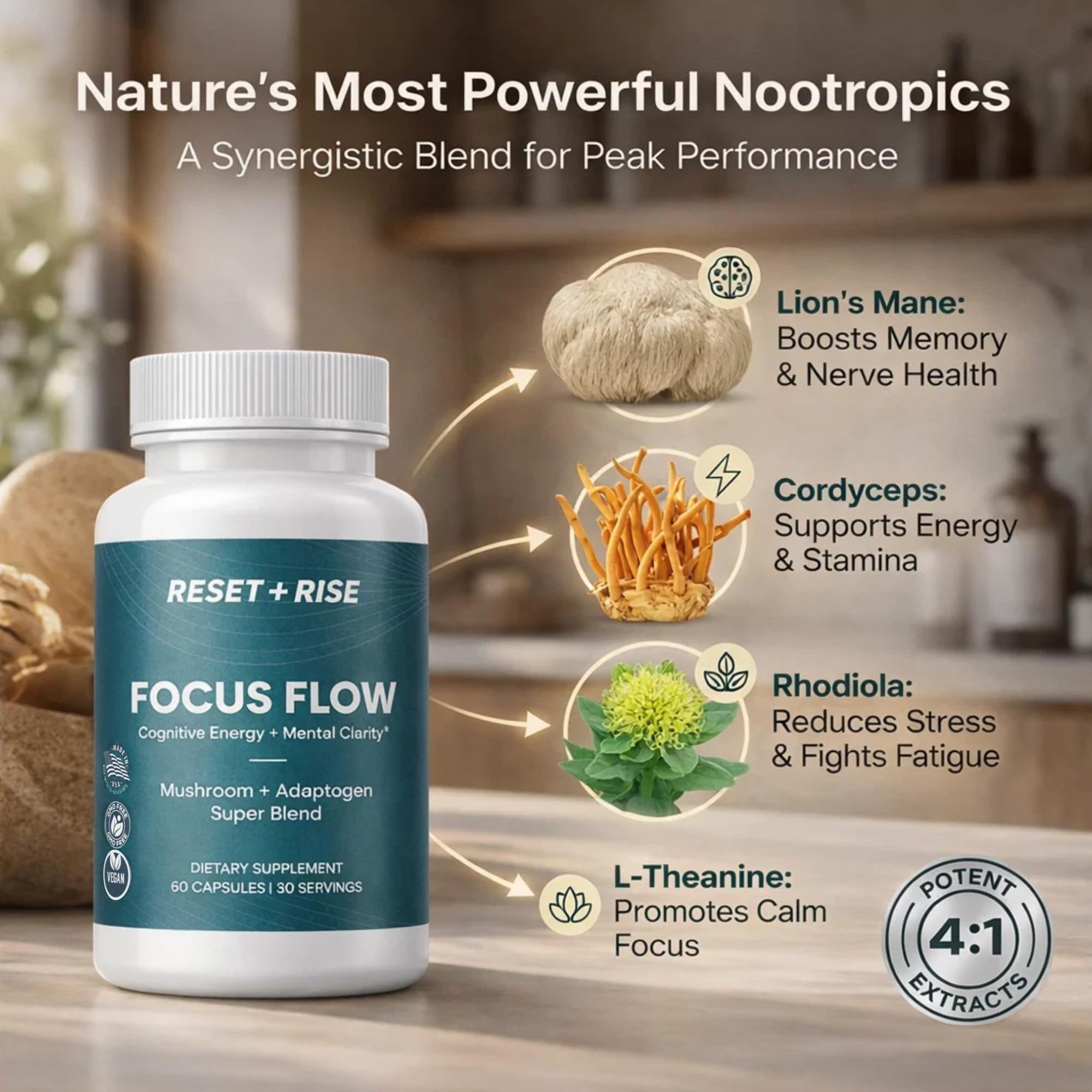 Nootropic Brain Supplement with Lion’s Mane Mushroom, Cordyceps & Rhodiola Rosea Extract - Focus and Energy Supplement, Adaptogen for Brain Health, Mental Clarity, Memory & Mood Support - 60 Capsules Reset+Rise uk supplements