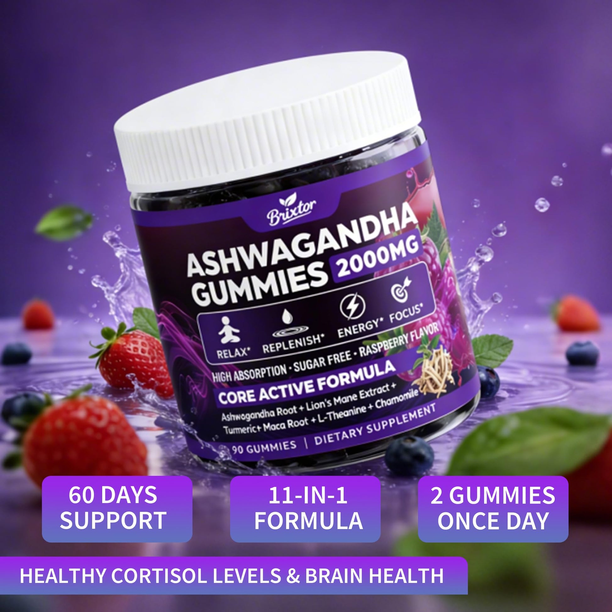 Ashwagandha Gummies - 2000MG Organic Ashwagandha & Lions Mane Gummies for Adults with Vitamin D3 B12, L-Theanine, Cortisol Supplements for Women & Men, Sugar-Free, Vegan, Berry Flavor - 90 Counts Brixxlor uk supplements