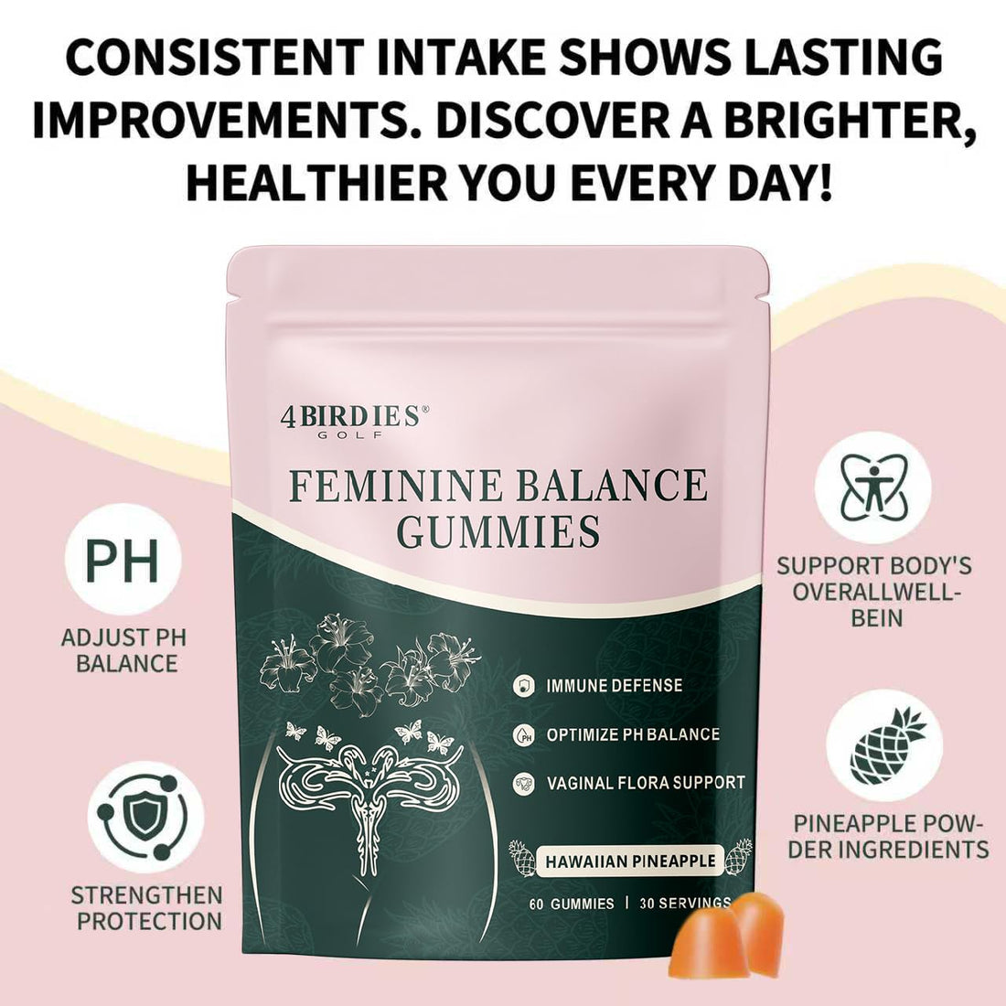 4 BIRDIES GOLF Premium Feminine Balance Gummies for Women's Health, Hawaiian Pineapple Gummies for Women Vaginal Probiotic & pH Balance Support - Vegan - Healthy Odor - Gluten-Free - 60 Count 4 BIRDIES GOLF uk supplements