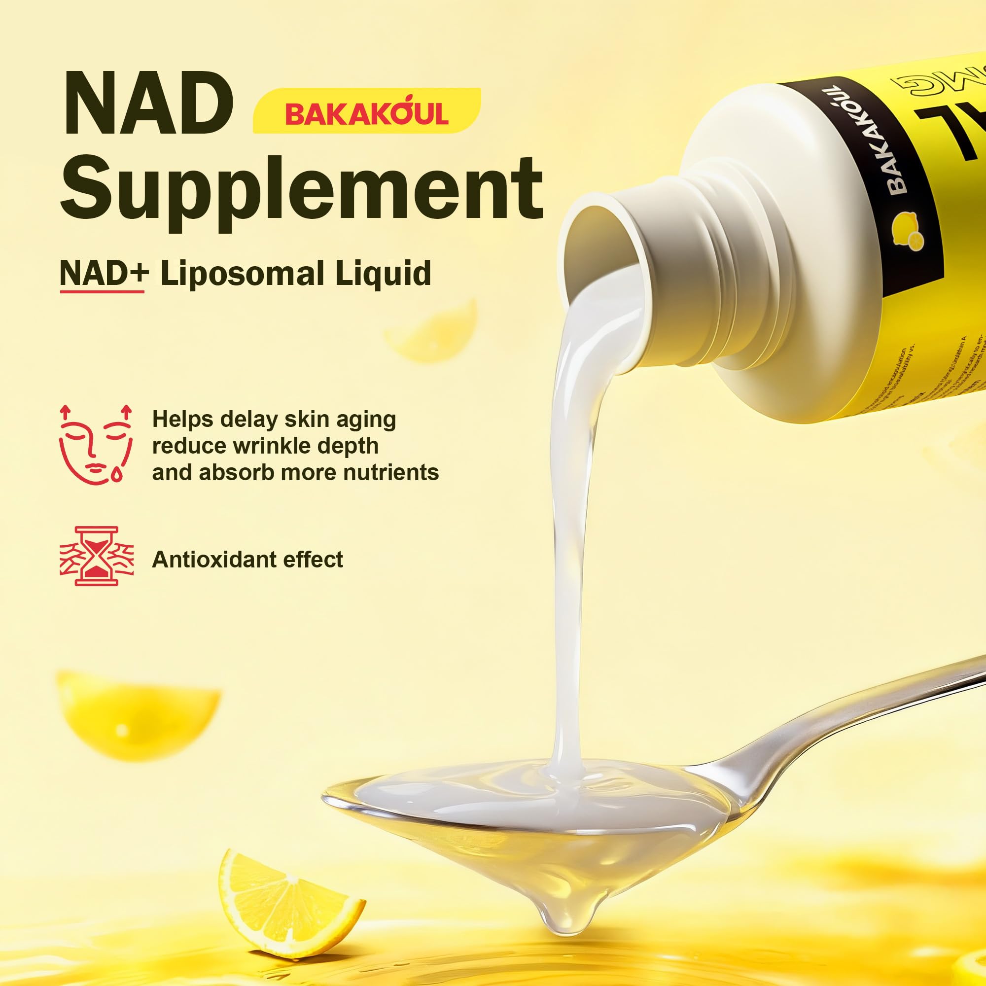 Liposomal NAD+ Liquid Supplement - Designed to Help Support Absorption - Nhanced Cellular Uptake, Helps Support Normal Cellular Health, Supports Cellular Energy Metabolism and Vitality - Lemon Flavor BAKAKOUL uk supplements