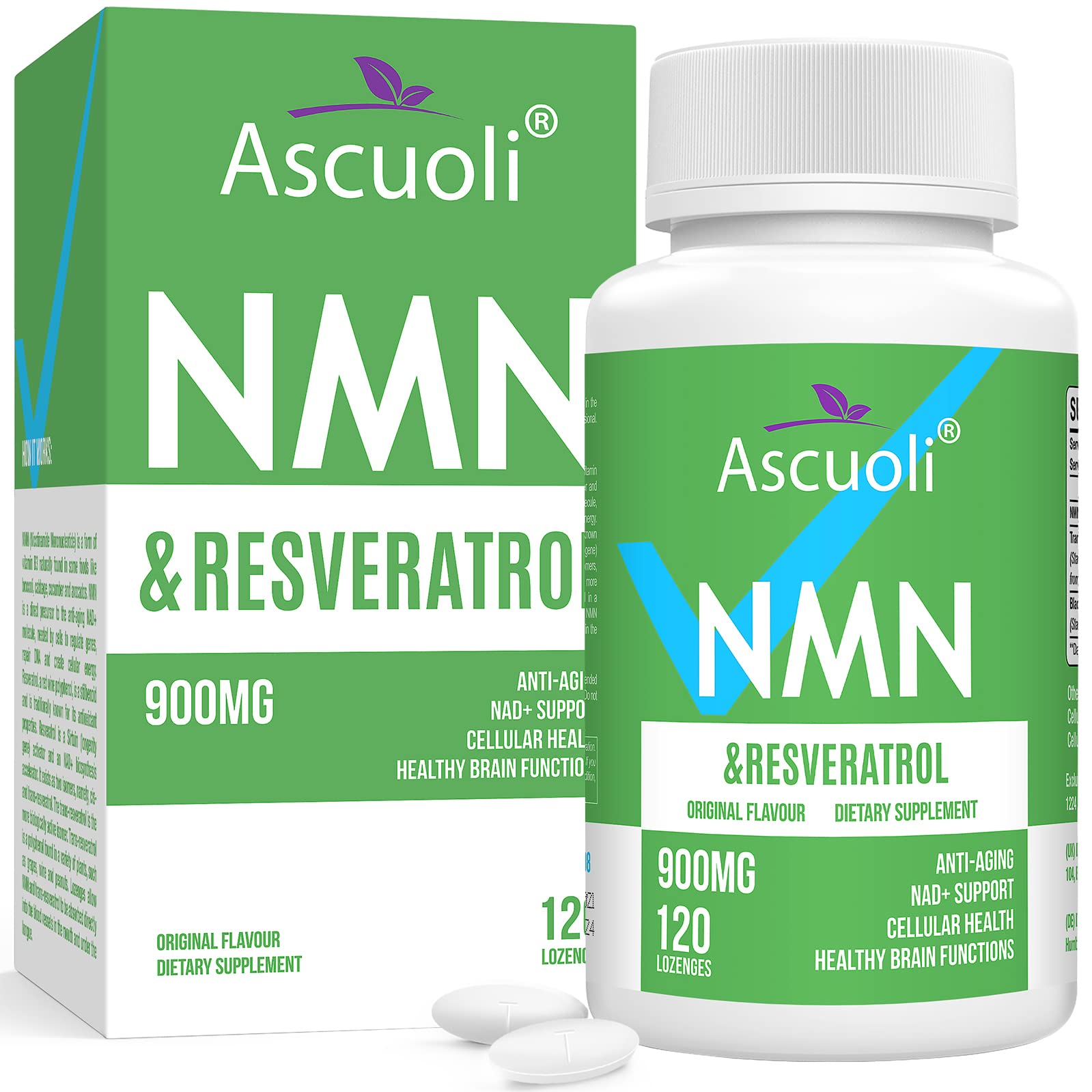 Sublingual NMN 500mg + Trans-Resveratrol 400mg, 3-in-1 Advanced Formula 99% Pure NMN Resveratrol Supplement for Boost* NAD, Cell, Immune, Energy & Muscle, Anti-Aging, 120 Lozenges (120-Day Supply) Ascuoli uk supplements