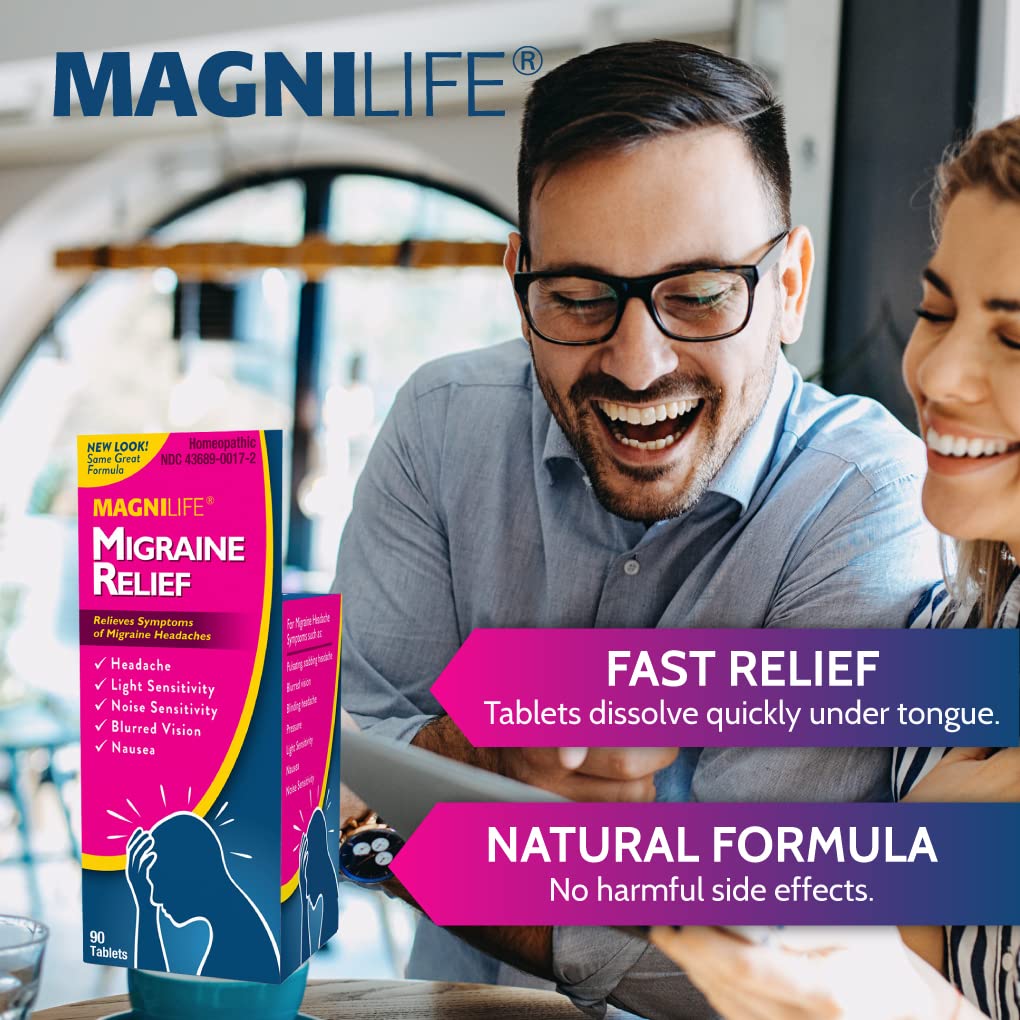 MagniLife Migraine Relief, Non-Habit Forming, 90 Homeopathic Tablets, Migraine Medicine for Light & Sound Sensitivity, Nausea, Blurred Vision & Pressure, Quick-Dissolve Headache Pain Relief MagniLife uk supplements