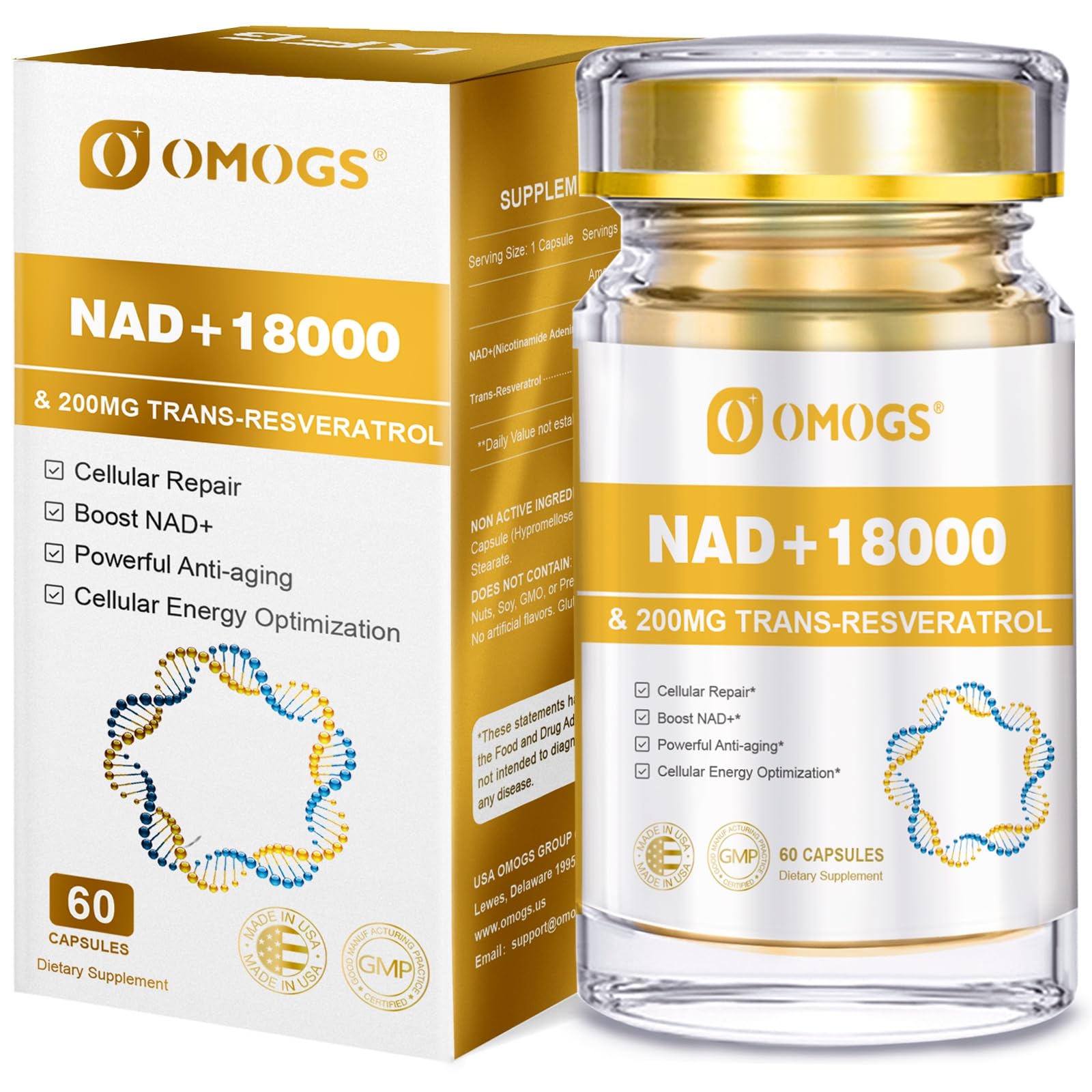 OMOGS NAD+ 300 mg + Trans-Resveratrol 200 mg, Pure NAD Supplement, Max Absorption, Boosting Supplement for DNA Repair, Healthy Aging, Cellular Energy & Longevity, 60 Capsules OMOGS uk supplements