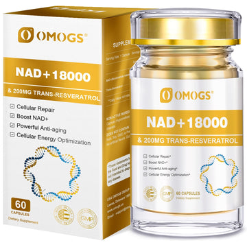 OMOGS NAD+ 300 mg + Trans-Resveratrol 200 mg, Pure NAD Supplement, Max Absorption, Boosting Supplement for DNA Repair, Healthy Aging, Cellular Energy & Longevity, 60 Capsules OMOGS uk supplements