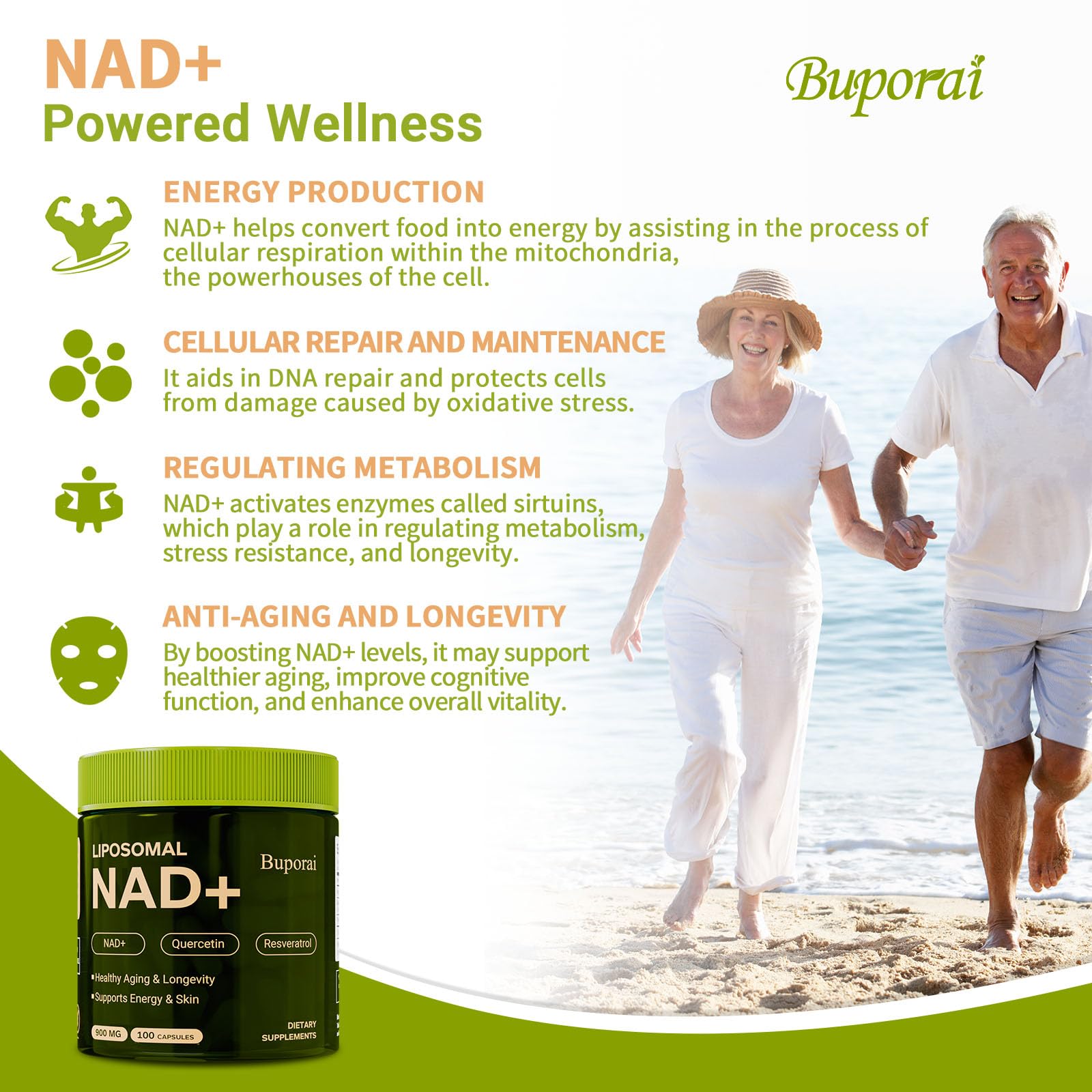 Buporai NAD Supplement 900mg with Resveratrol & Quercetin, NAD Supplement for Anti-Aging, Cellular Energy & Repair-100 Capsules Buporai uk supplements