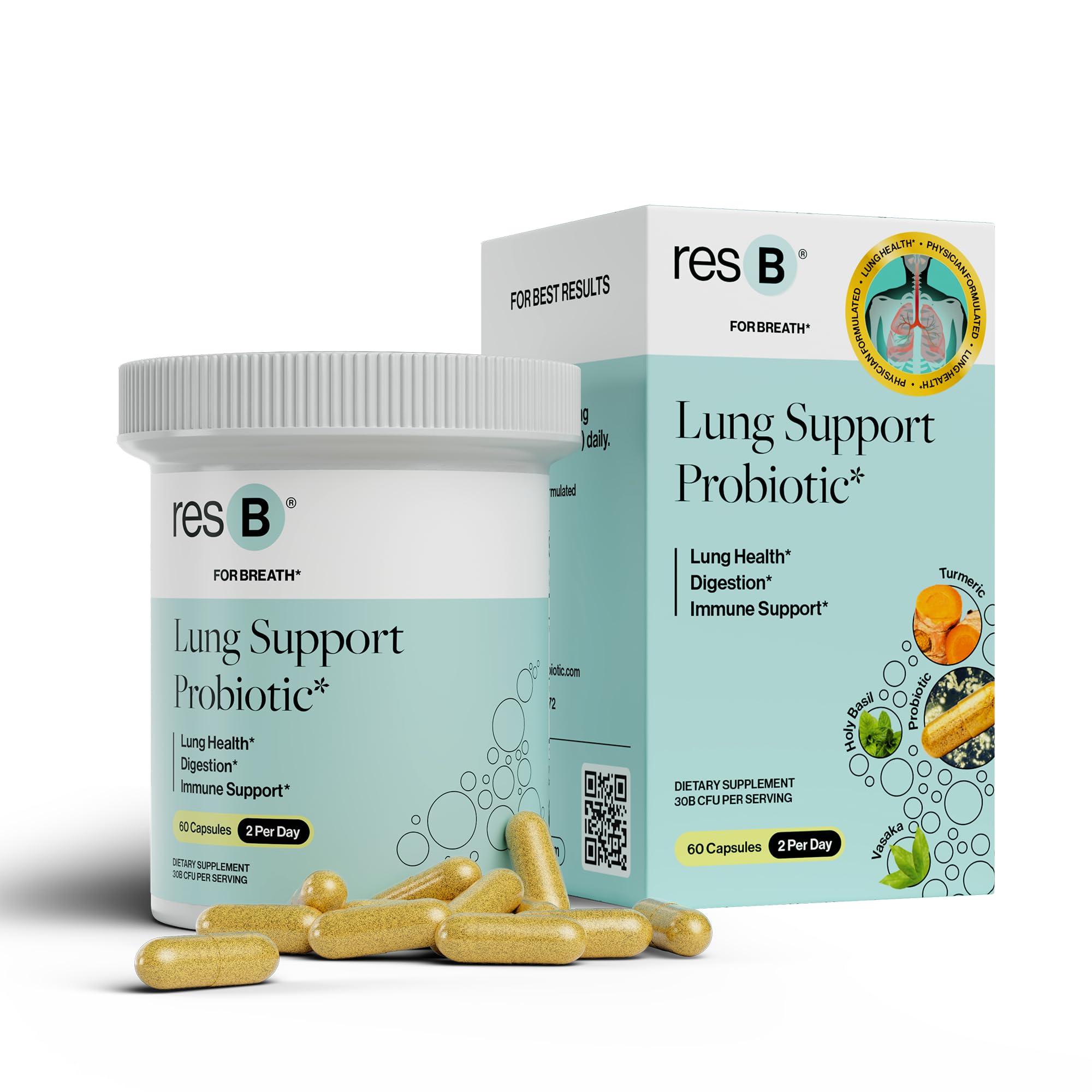 resB Lung Support Probiotic Supplement - Lung Health Supplement for Smokers, Gut Health, Immune & Digestive Support, Respiratory Care, Holy Basil & Turmeric, Clinically Trialed - 60 Capsules ResBiotic uk supplements