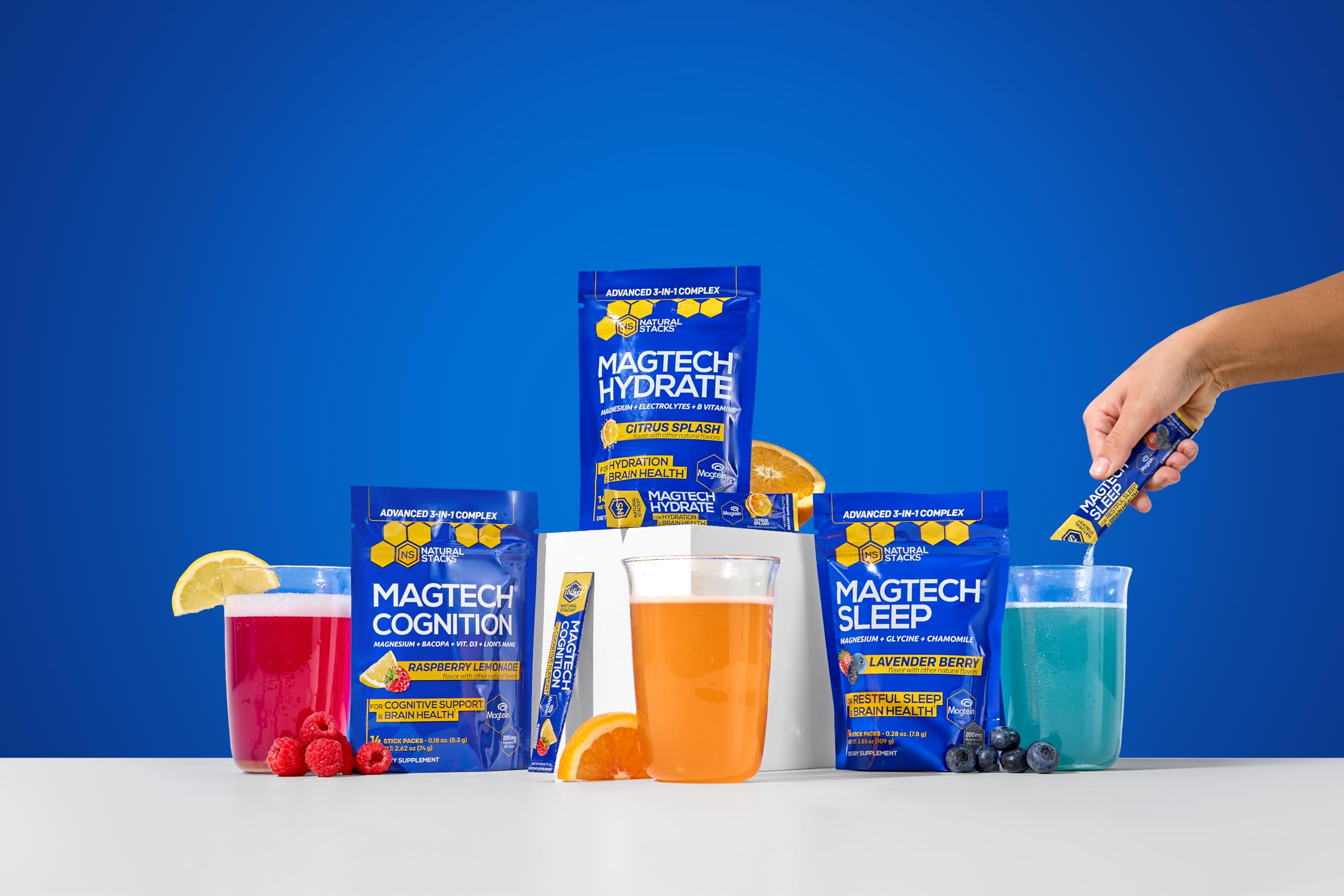 MagTech Magnesium Hydrate Packets - Sugar Free Hydration Powder - Magtein Magnesium L-Threonate, Glycinate & Taurate - 200mg Chelated Triple Complex - Supports Hydration & Brain Health* - 14 Servings NATURAL STACKS uk supplements