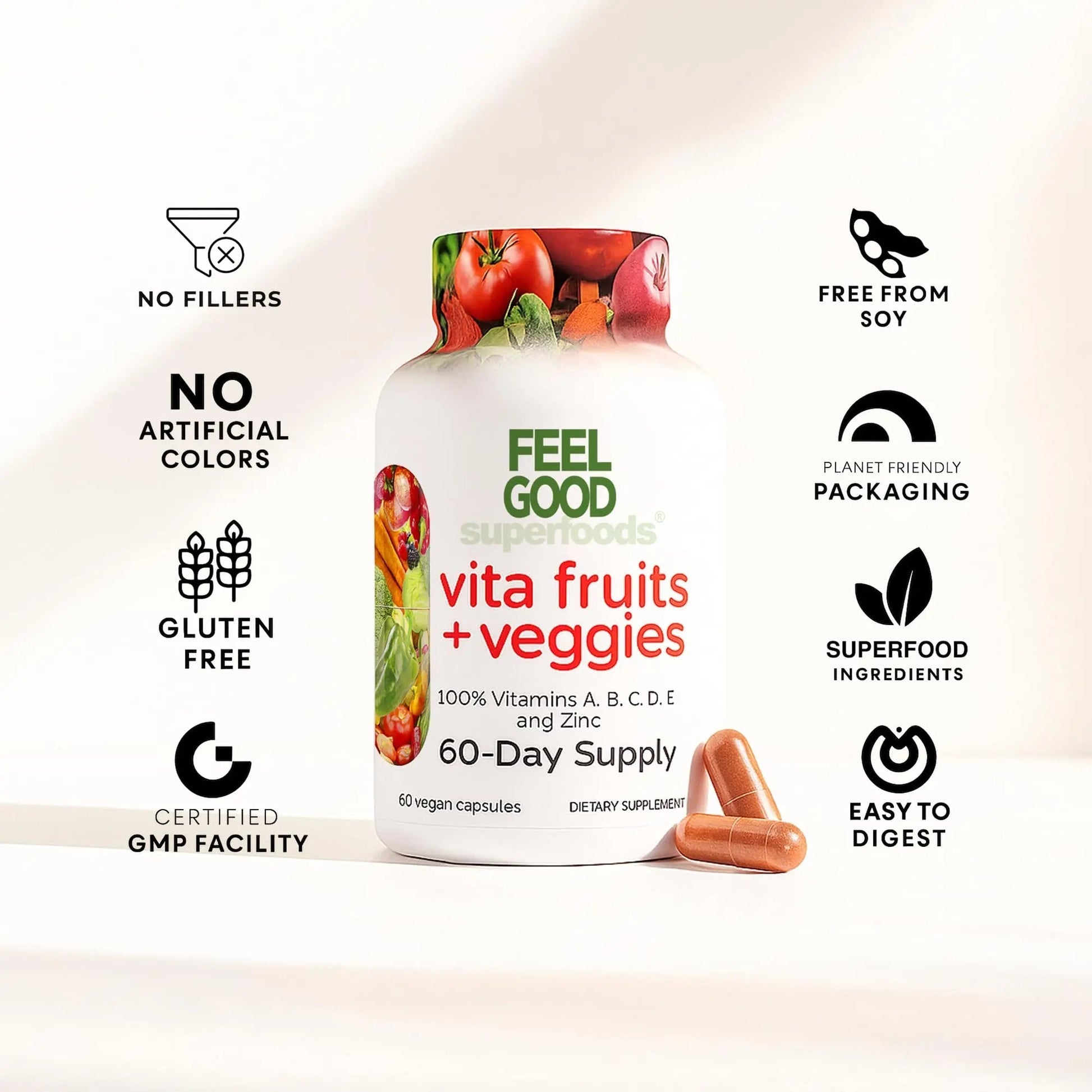 FeelGood Superfoods Vita Fruits and Veggies Capsules - 25 Superfood Ingredients, Fruit and Vegetable Multivitamin, 60 Count FeelGood Superfoods uk supplements