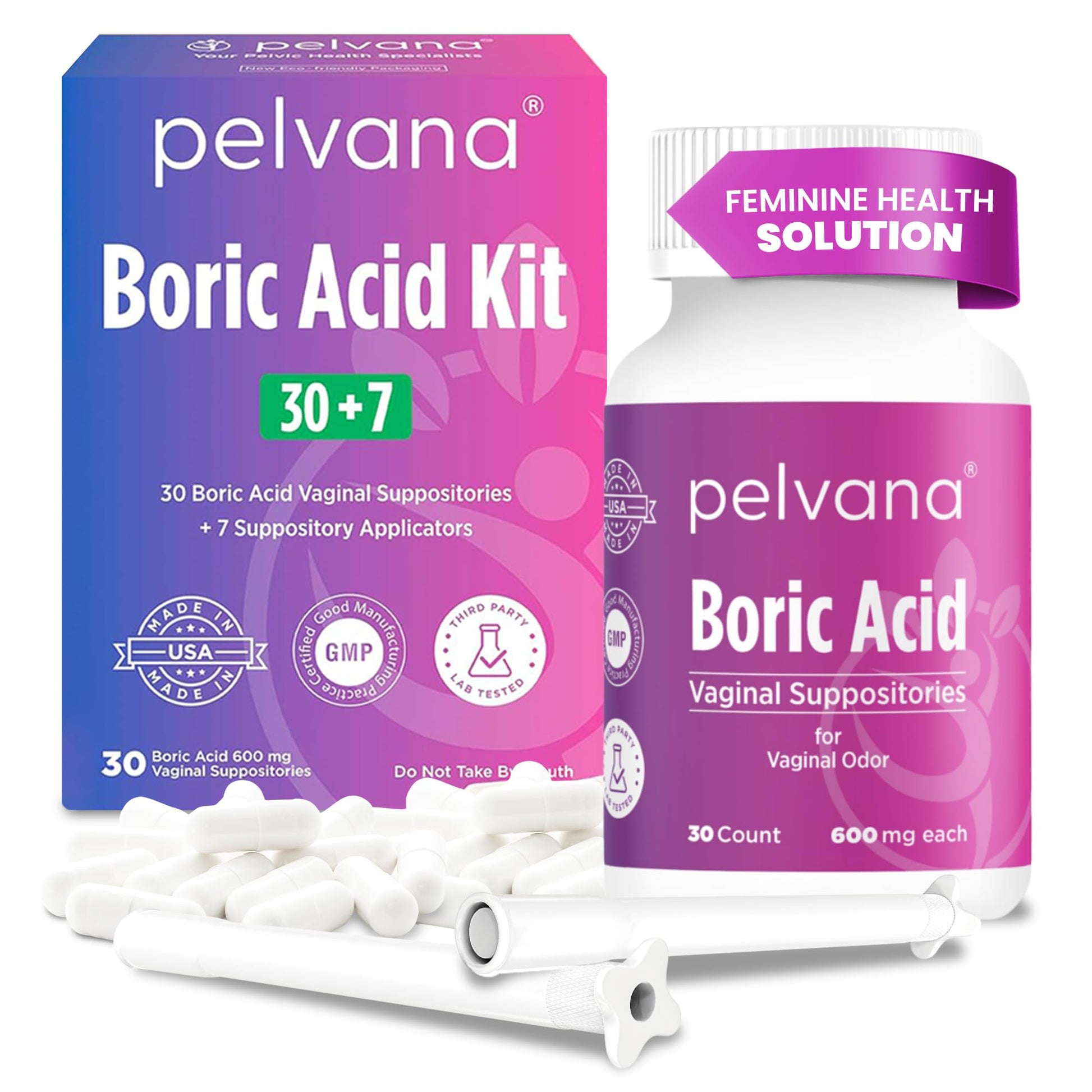 Pelvana Boric Acid Suppositories for Women - 30 Count + 7 Applicators - 600mg Boric Acid Capsules for Vaginal Odor Use Pelvana uk supplements