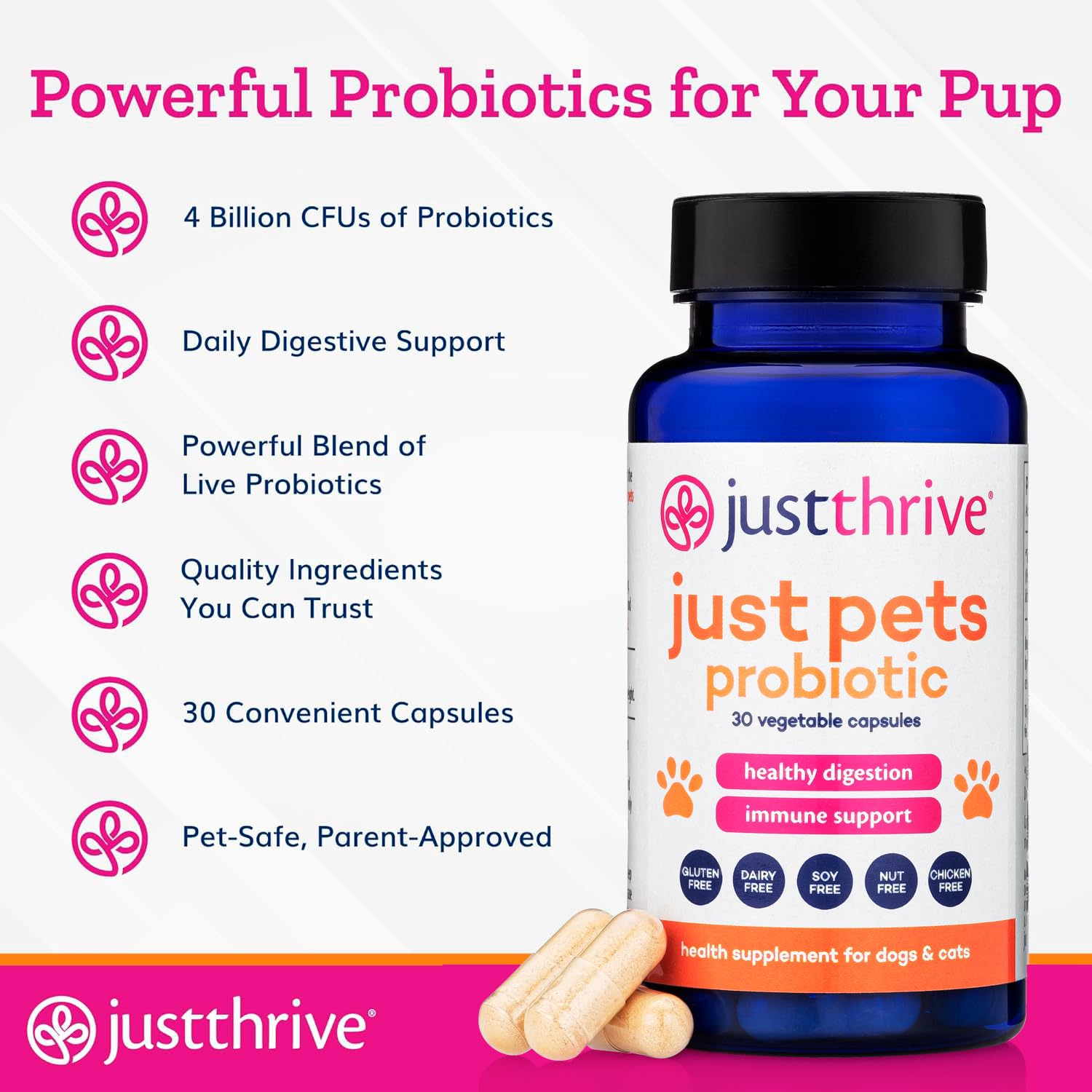 Just Thrive Just Pets Probiotic - Daily Digestive Probiotics for Dogs and Cats - 4 Billion CFUs Pet Probiotic, 30 Capsules Just Thrive uk supplements
