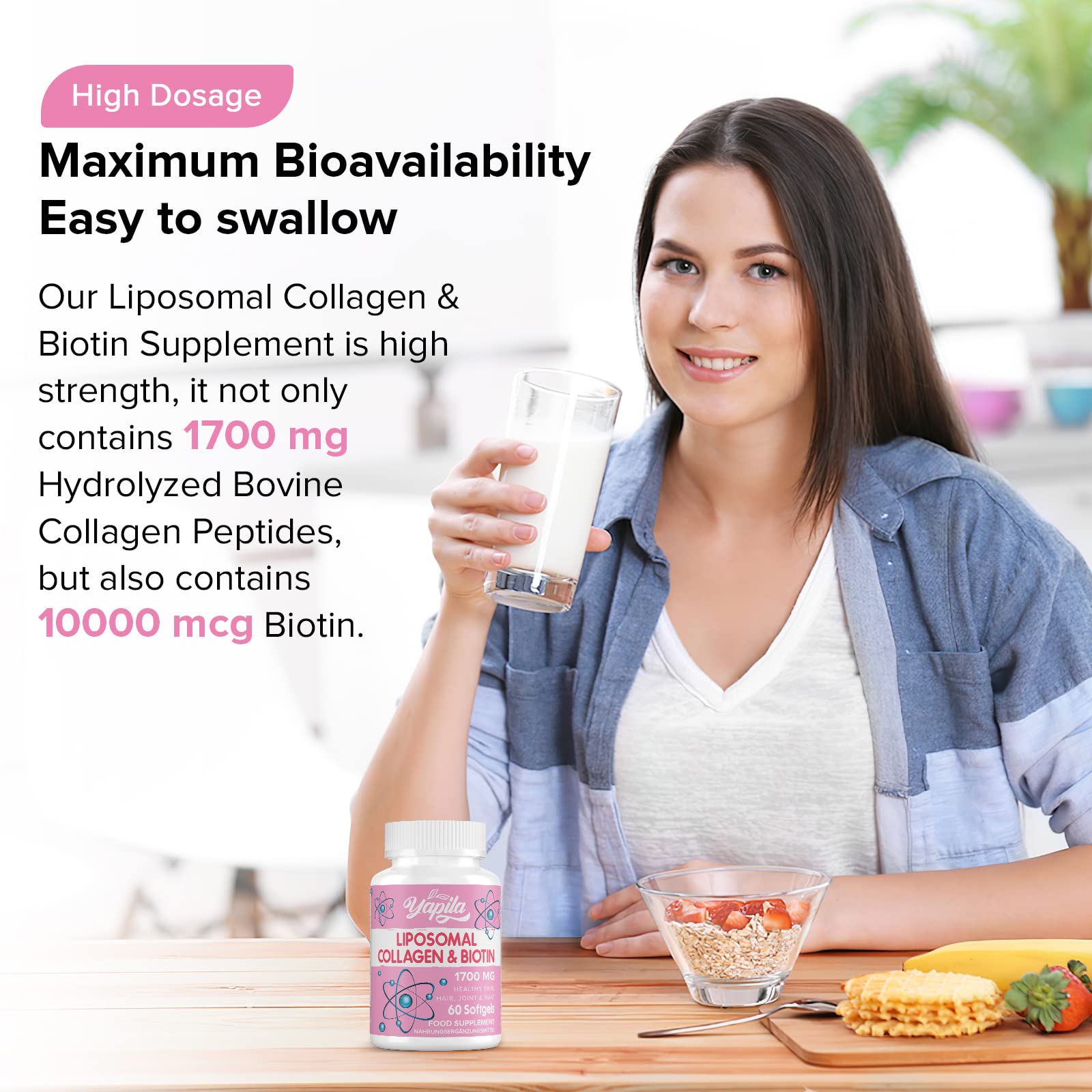Liposomal Collagen Biotin Capsules, Hydrolyzed Bovine Collagen Peptides 1700 mg, Types 1 & 3 Protein Yapila uk supplements