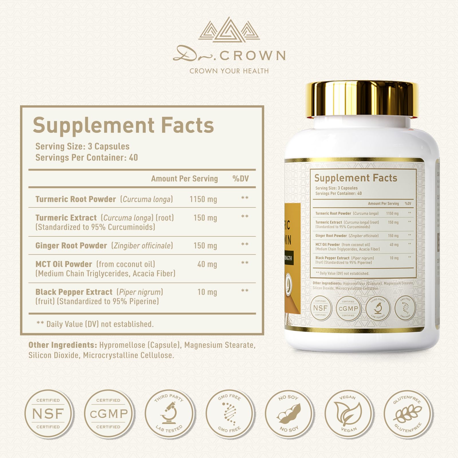 DR. Crown Turmeric Curcumin Supplement 1,500mg, 95% Standardized Curcuminoid with Ginger, MCT Oil, & Black Pepper for Better Absorption, for Antioxidant & Joint Support, 120 Capsules DR. CROWN uk supplements