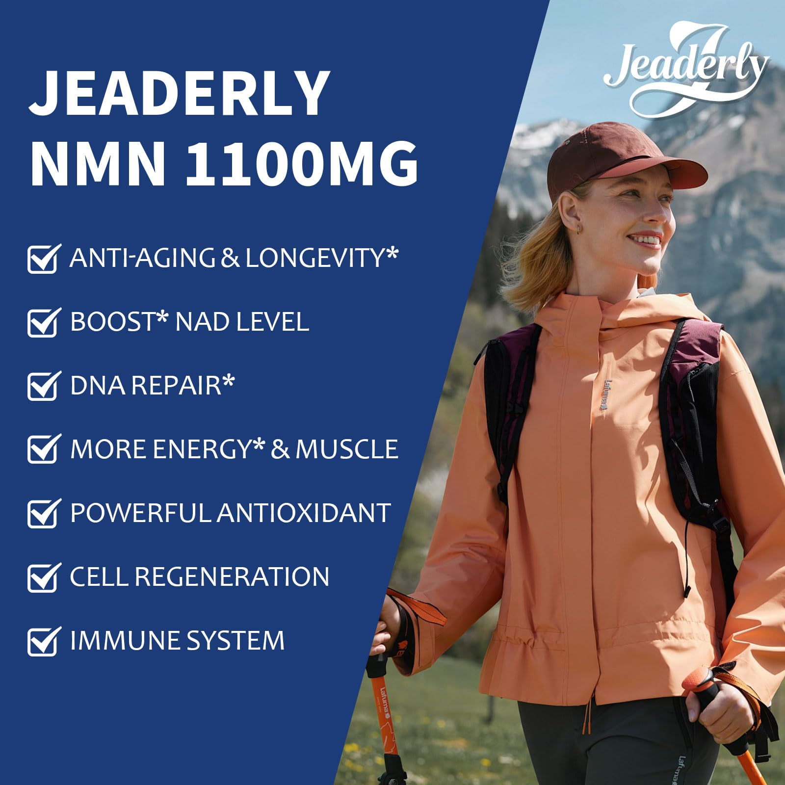 Jeaderly 1100mg NMN & Trans-Resveratrol, 3-in-1 Supplement, 60 Veggie Capsules – Supports NAD+ Boost*, Cellular Energy, Immune Function, Muscle Health & Anti-Aging, 30-Day Supply Jeaderly uk supplements