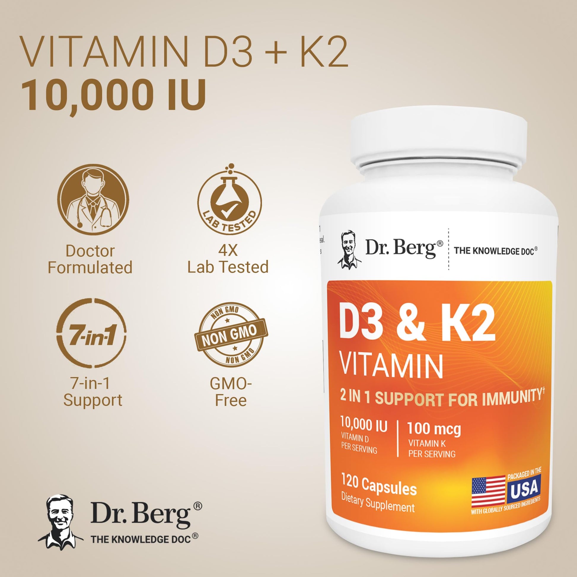 Dr. Berg Vitamin D3 & K2 10,000 IU + MK-7 – 120 Capsules – Immune, Bone & Heart Support* Supplement w/Magnesium, Zinc, B6 – 4X Lab-Tested – No Fillers – Non-GMO, cGMP, Formulated in USA Dr. Berg Nutritionals uk supplements