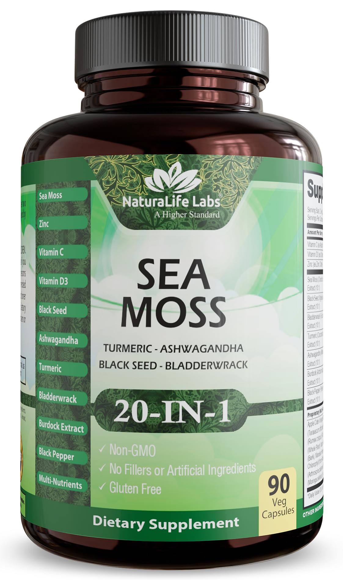 Sea Moss, Black Seed Oil, Bladderwrack, Turmeric, Ashwagandha, Burdock, Vitamin C, D3, Yellow Dock Root, Manuka, Dandelion - 90 Veggie caps NaturaLife Labs uk supplements