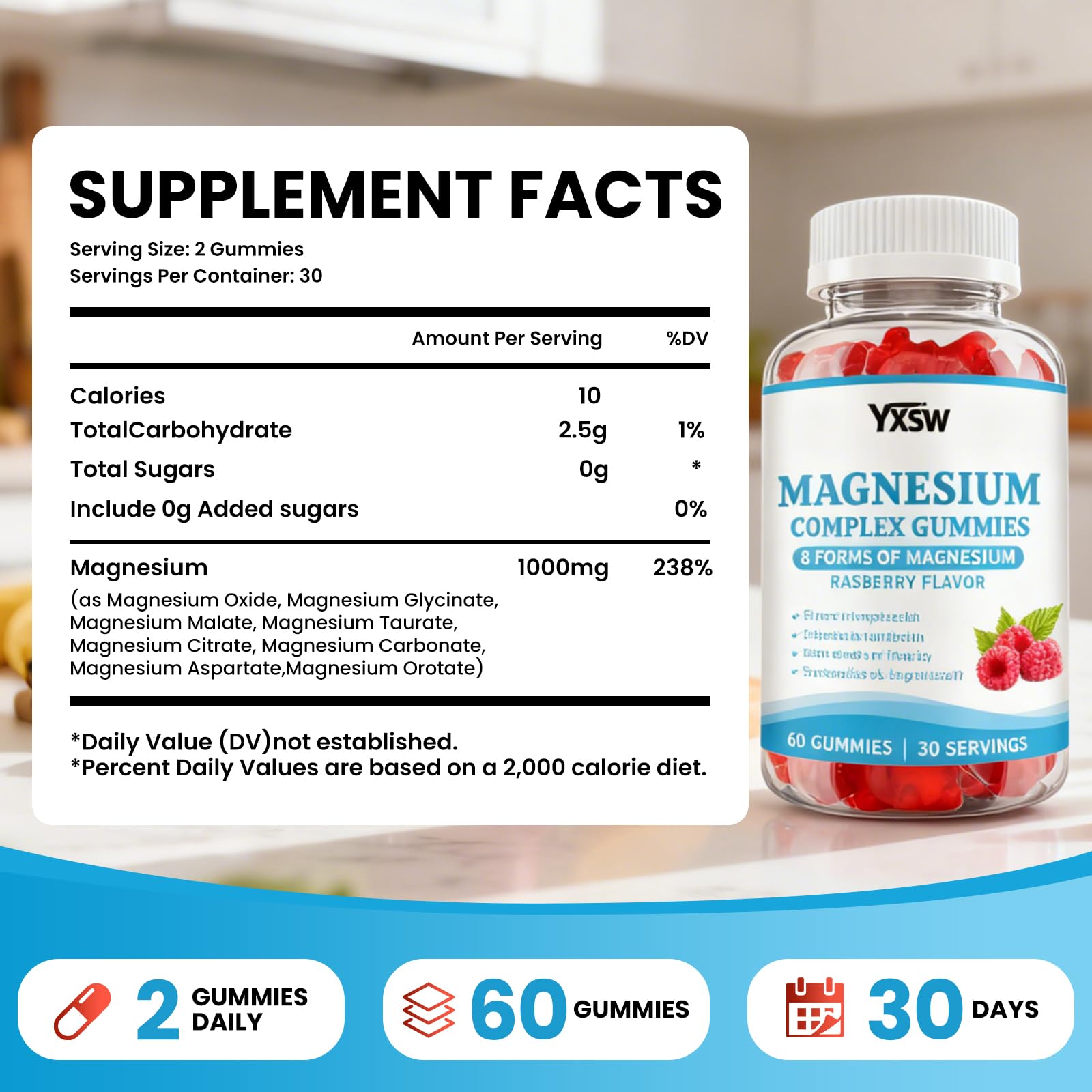 Magnesium Complex Gummies 8 Elemental 1000mg - Magnesium Glycinate, Citrate, Malate, Taurate, Supports Bones, Muscle, Nerve Health, for Women & Men, Vegan Non-GMO, Raspberry Flavor, 60 Count YXSW uk supplements