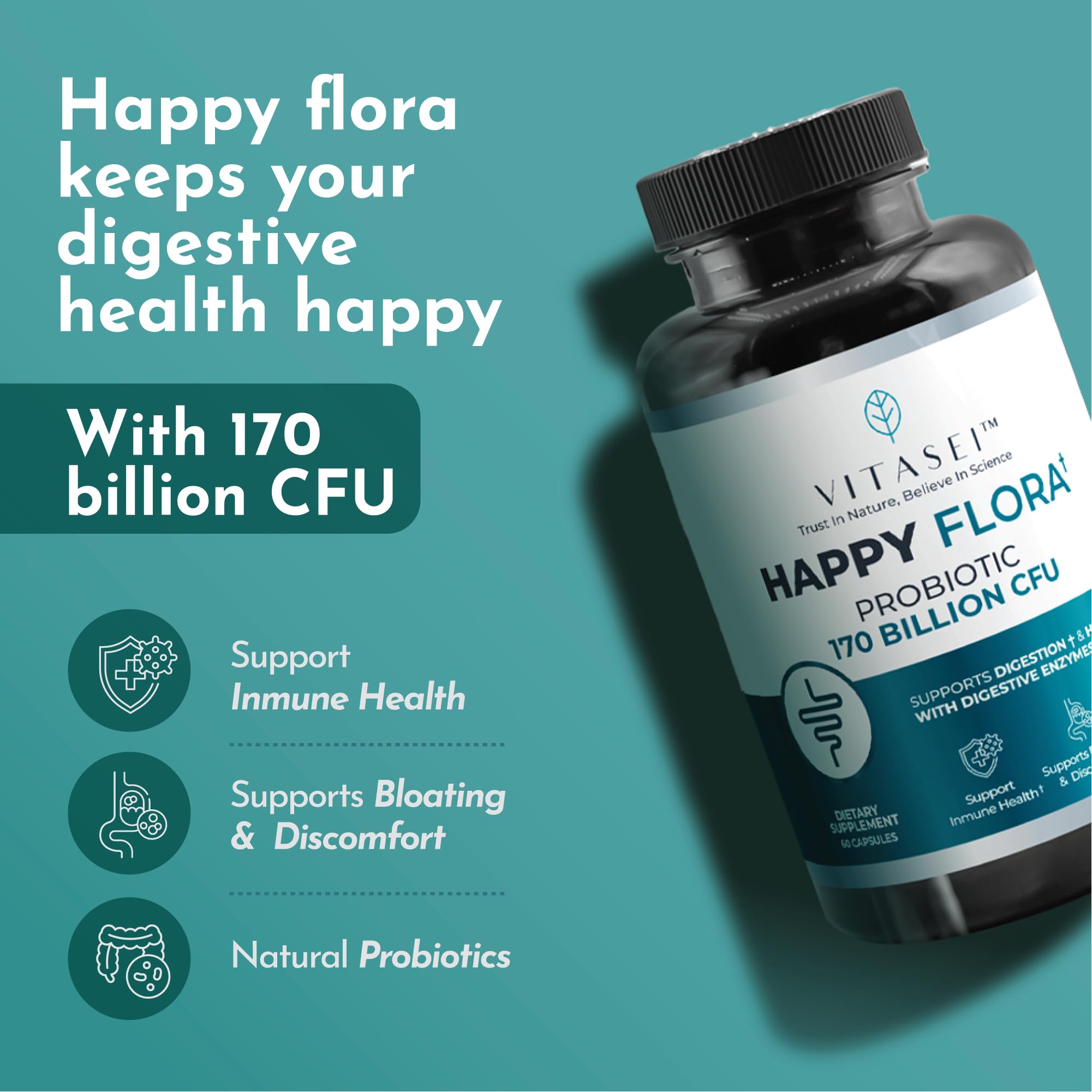 VITASEI Happy Flora, Probiotic Supplement 170 Billion CFU for a Healthy Gut Health with enzymes for Digestion, probiotics for Women and Men, 1 Bottle - 60 Capsules VITASEI uk supplements