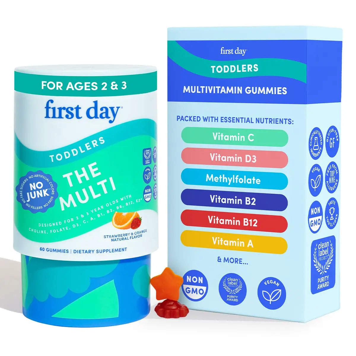 FIRST DAY Toddler Multivitamin Gummies (Ages 2-3)| Kids Multivitamin Gummies with Vitamins A C D3, B2, B12, Choline, Folate and 21 Organic Superfoods| (30 Day Supply) FIRST DAY uk supplements