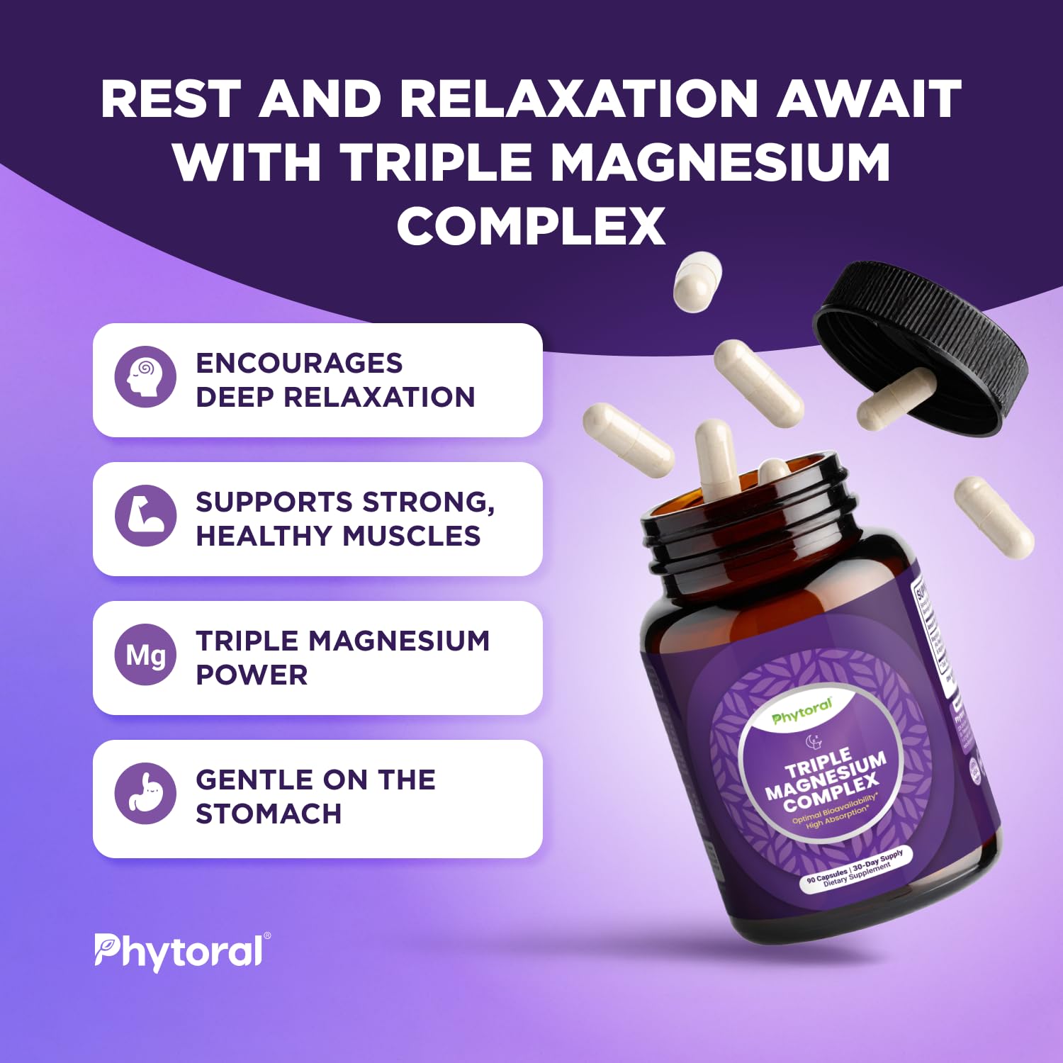 Highly Potent Magnesium Complex Capsules - Triple Magnesium Blend with Taurate Glycinate and Malate - 400mg Supplement Supports Relaxation & Overall Wellness Non-GMO Vegan - 90 Count Phytoral uk supplements