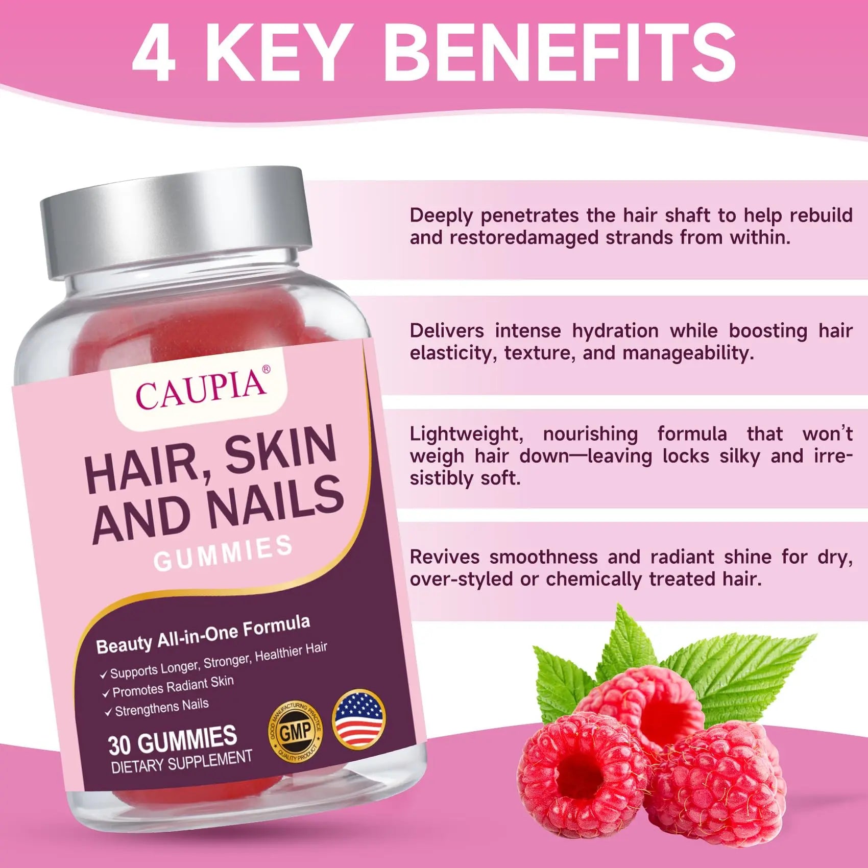 CAUPIA Hair Skin and Nails Gummies, All-in-One Advanced Formula Supports Hair Growth - Skin Health & Nail Strength - 30 Gummies CAUPIA uk supplements
