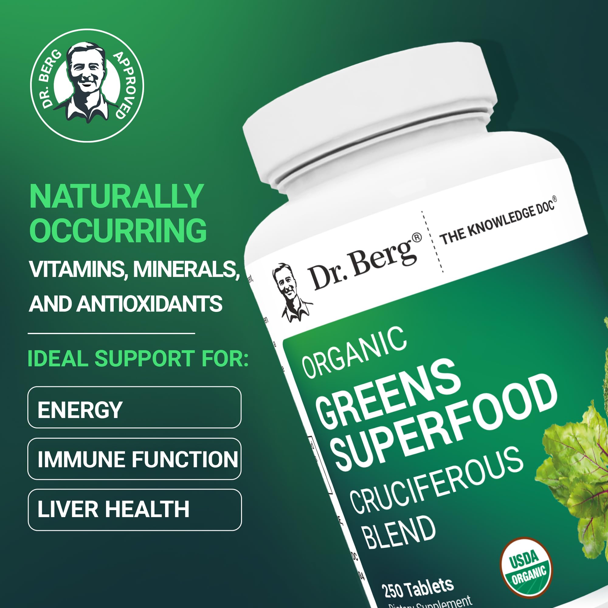 Dr. Berg's Greens Superfood Cruciferous Vegetable Tablets - Vegetable Supplements for Adults w/ 11 Phytonutrient Super Greens Tablets - Energy, Immune System & Liver Veggie Tablets - 250 Tablets Dr. Berg Nutritionals uk supplements