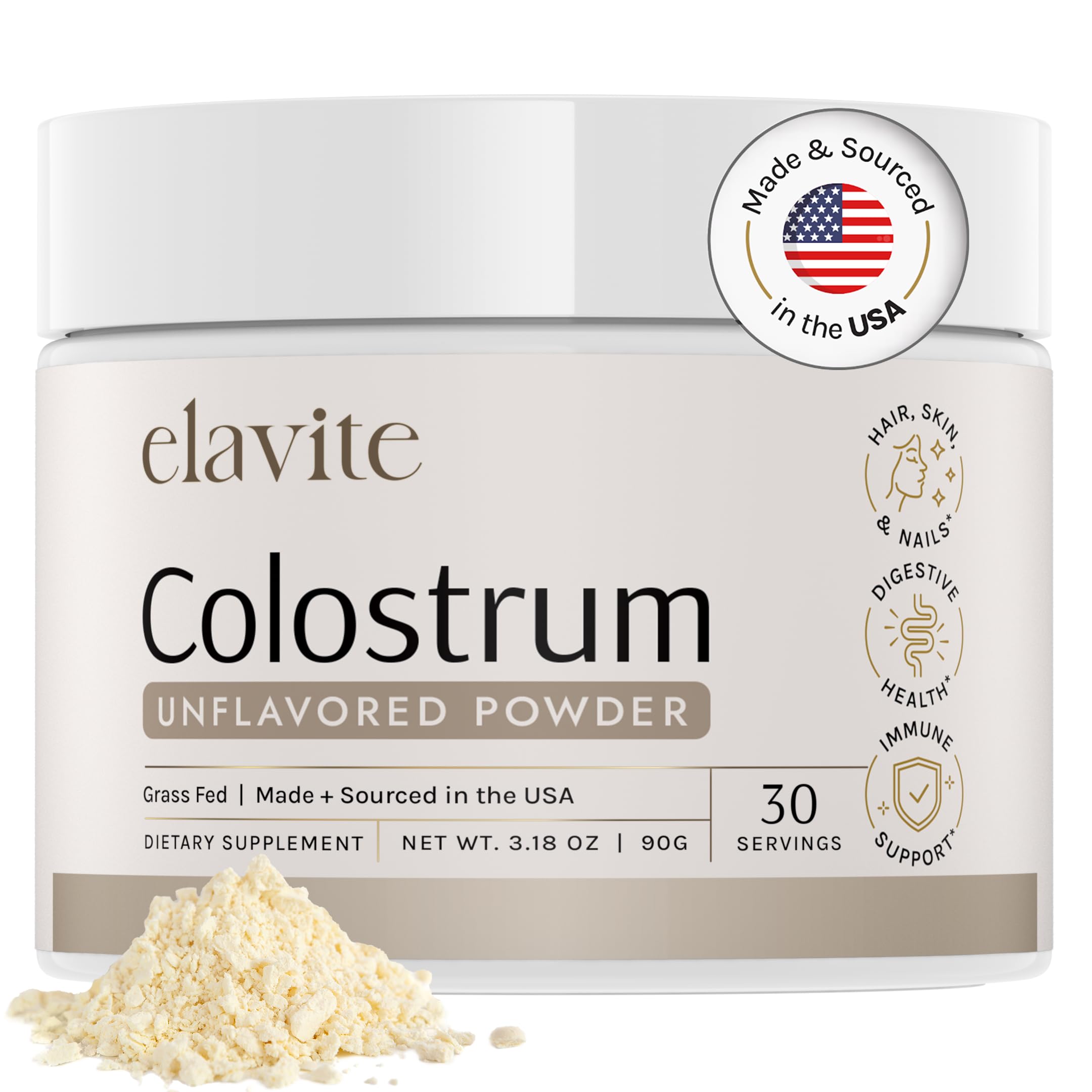 Elavite Bovine Colostrum Powder (Unflavored) Grass Fed Colostrum Supplement for Gut Health, Immune Support Healthy Hair, Skin & Nails - 30 Servings Elavite uk supplements