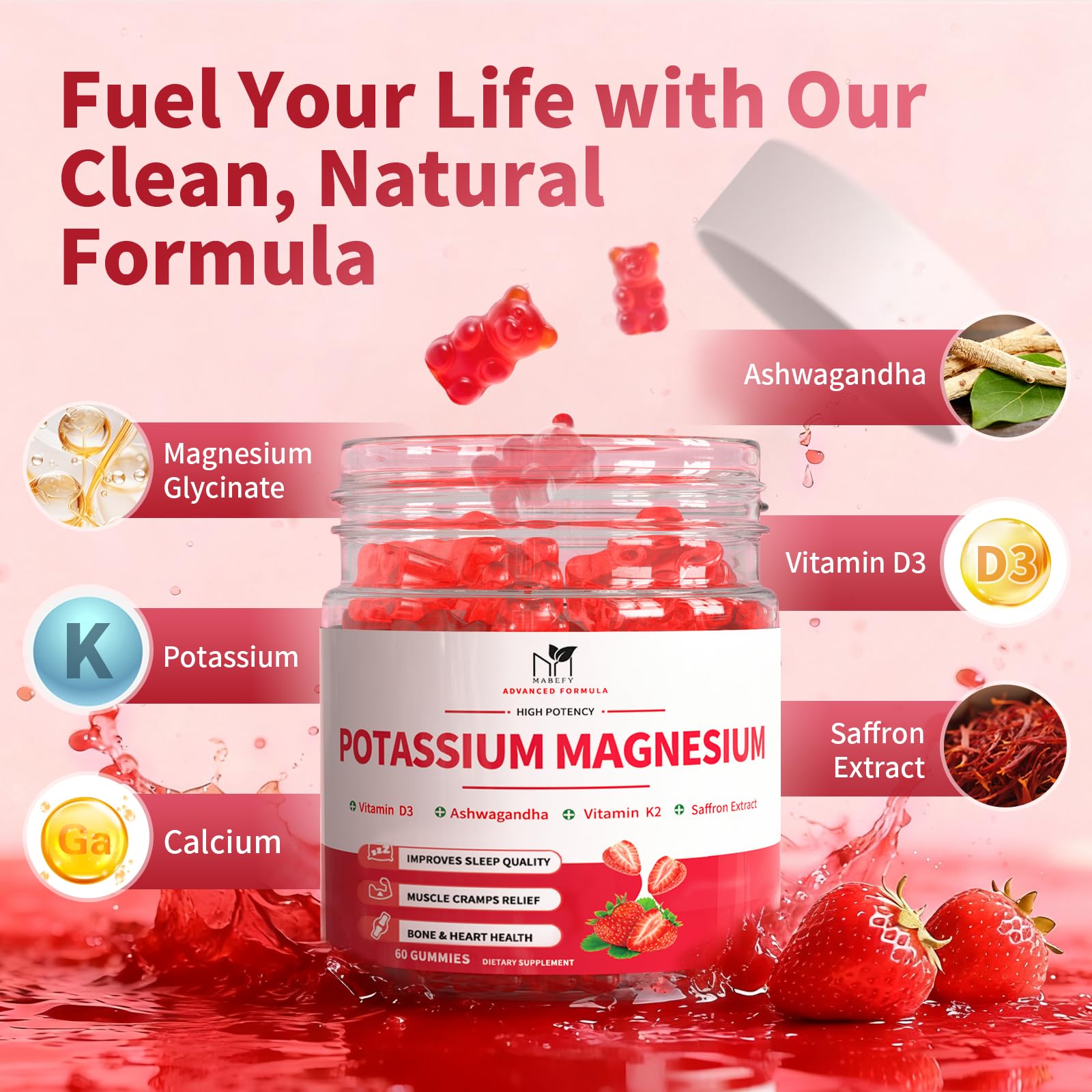 2 Pack Potassium Magnesium Gummies, Sugar Free Potassium Supplement Magnesium Glycinate 500mg, Ashwagandha, Vitamins D3, C, B6, Calcium & Zinc for Sleep, Leg Cramps & Muscle Relaxation-120 Count MABEFY uk supplements