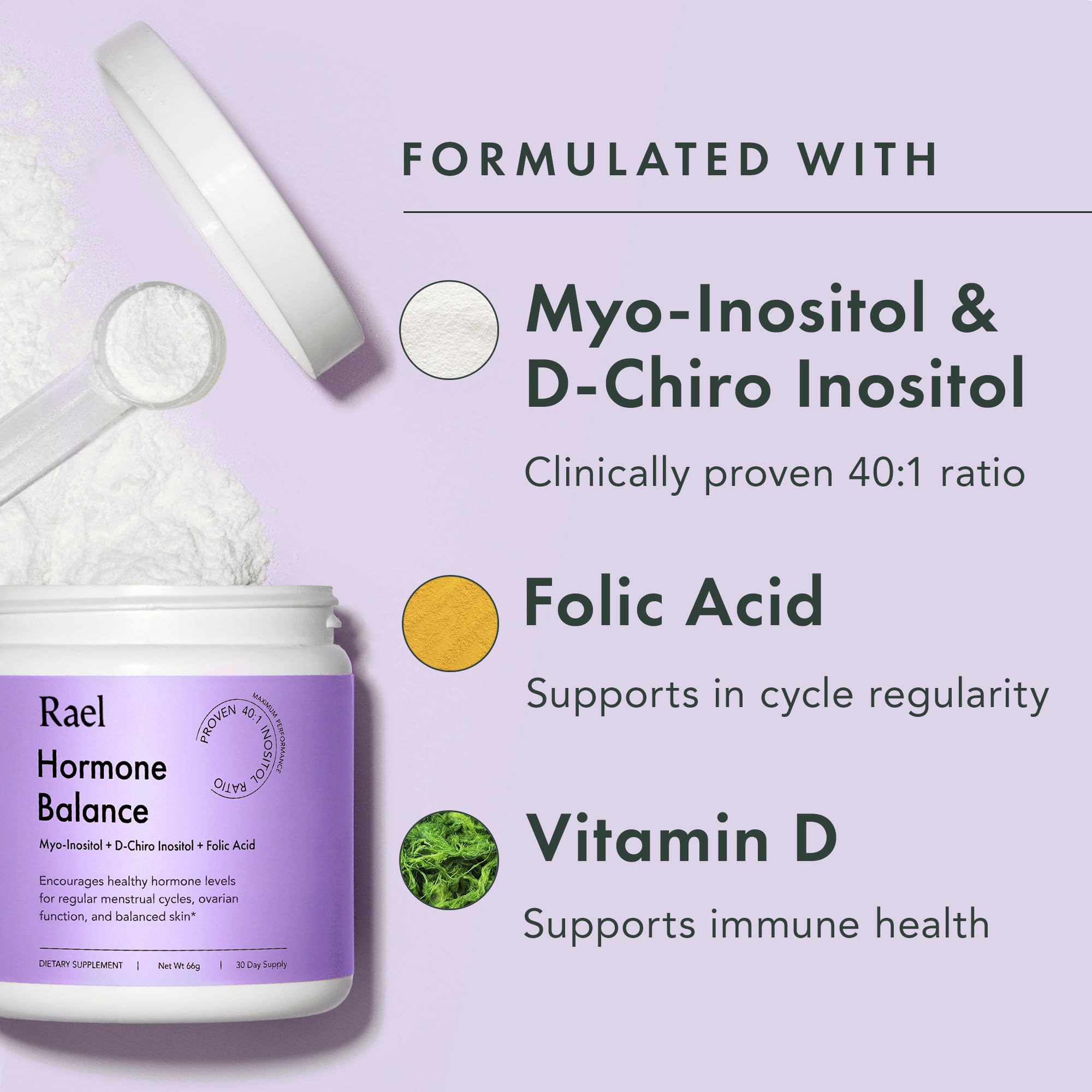Rael Hormone Balance for Women, Inositol Powder Supplement - Vitamin B8, 40:1 Proven Ratio, Folic Acid for Ovarian Function (30 Servings) Rael uk supplements