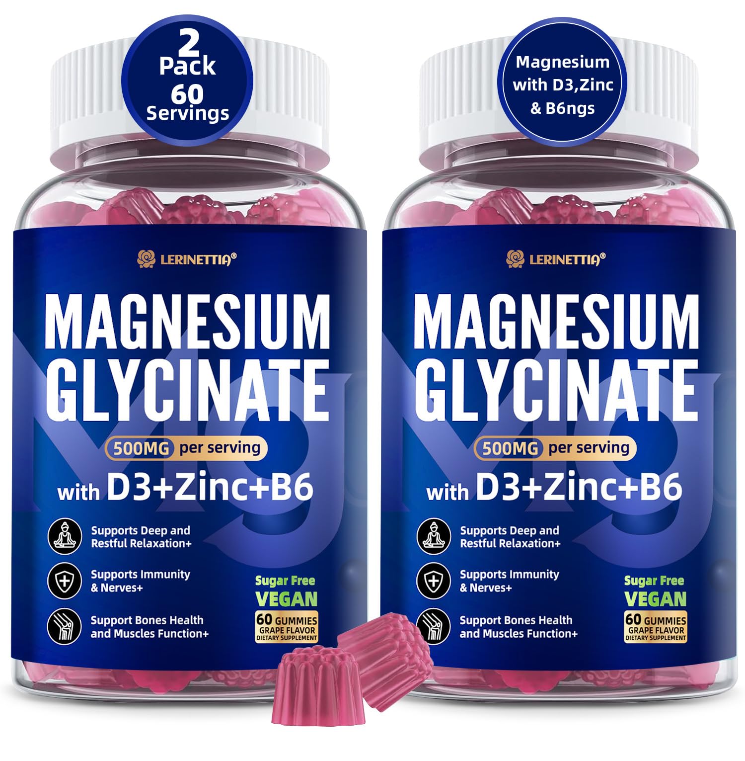 Magnesium Glycinate 500mg/250mg for Adults Teens - Plus D3,B6 & Zinc - Magnesium Glycinate Gummies,High Absorption - Support for Relaxation,Brain,Bone & Immunity Health - Sugar Free - 120Cts Lerinettia uk supplements