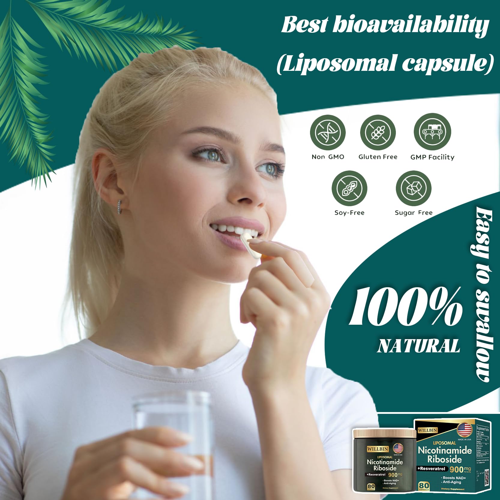 Willbin Liposomal NAD+ Supplement, Nicotinamide Riboside with Resveratrol, NAD Nicotinamide Riboside Boost Energy Focus Anti-Aging for Women & Men - 80 Vegan Capsules Willbin uk supplements