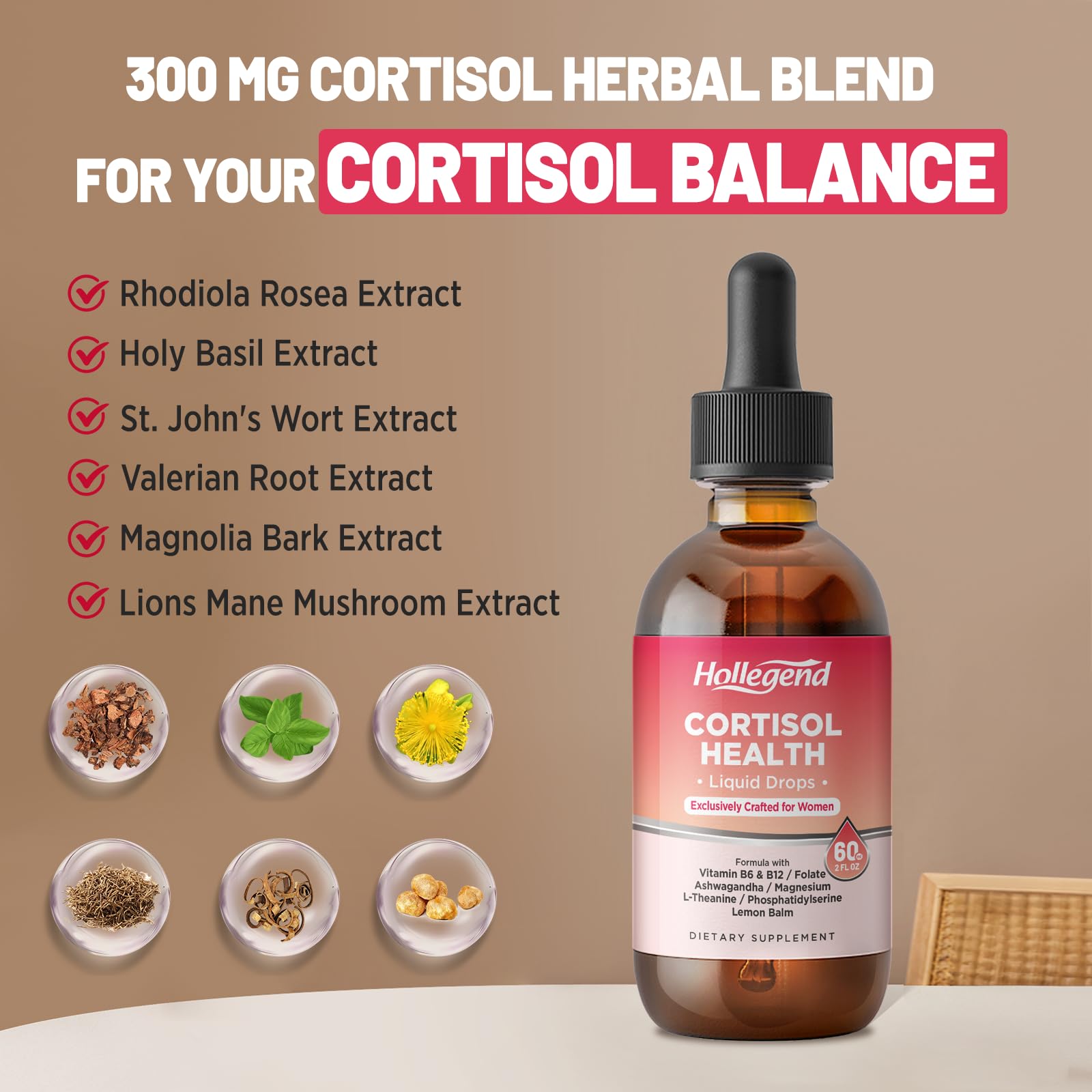 HOLLEGEND Cortisol Supplements for Women, Cortisol Wellness Liquid Drops, 16 in 1 Cortisol Detox Reducer w. Ashwagandha, Magnesium, L-Theanine, Folate for Relaxation & Hormone Balance, Strawberry HOLLEGEND uk supplements