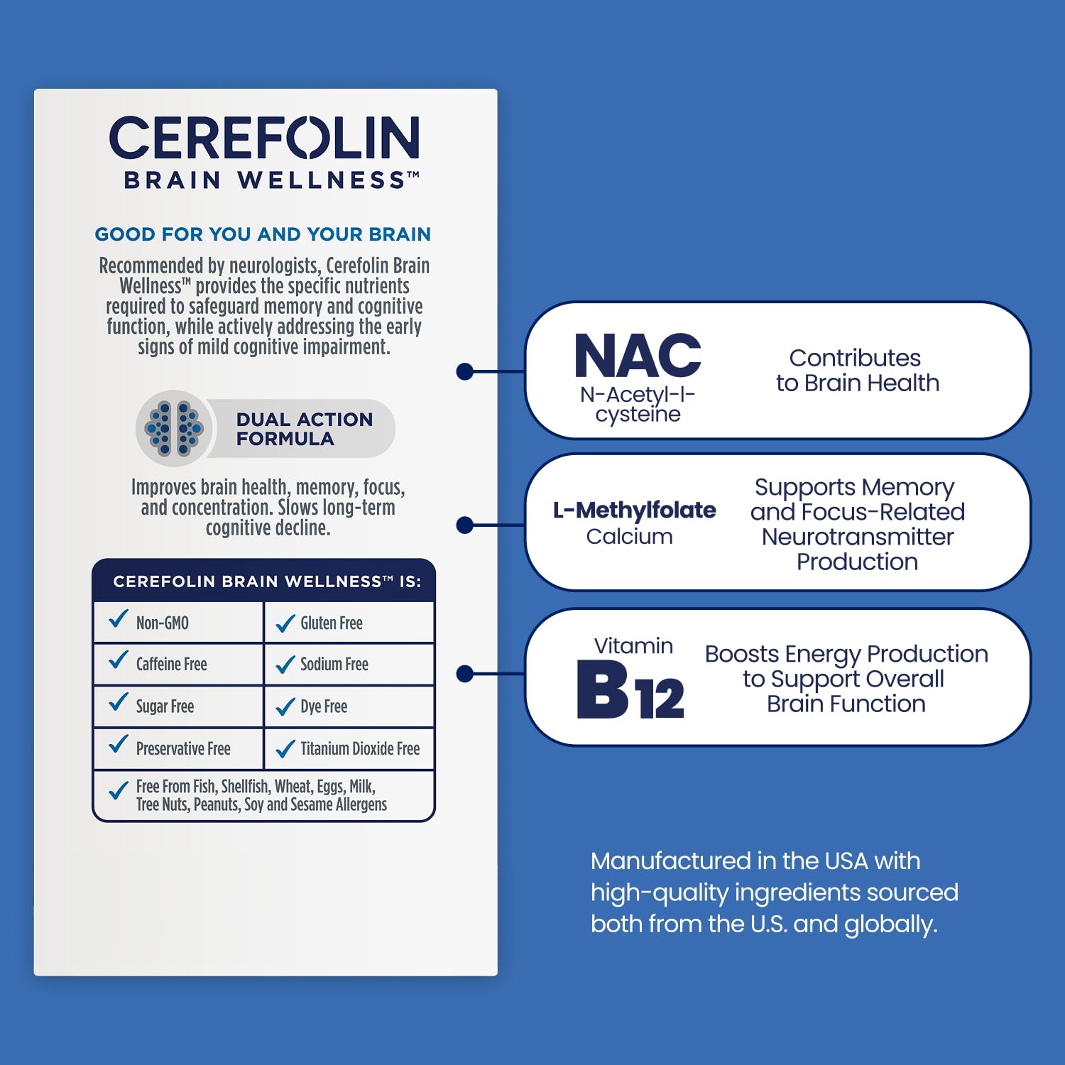 Cerefolin Brain Wellness, Targeted Nutrition for Cognitive Support, Improves Memory, Focus & Concentration, L-Methylfolate, NAC, B12, Neurologist Recommended (60 Count) Cerefolin uk supplements
