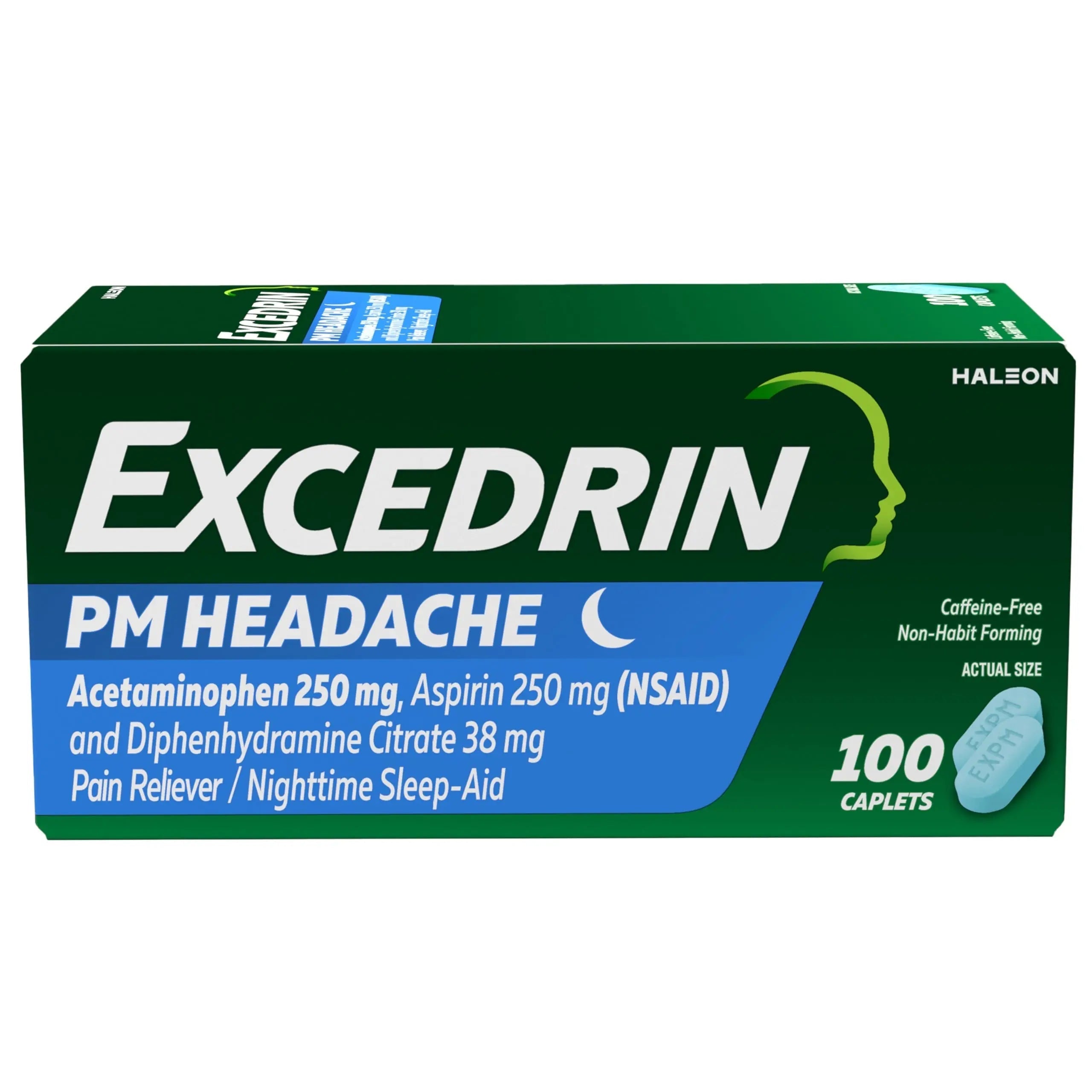 Excedrin PM for Headache Relief, Acetaminophen 250mg, Aspirin 250mg, Diphenhydramine Citrate 38mg, Pain Reliever, Nighttime Sleep-Aid, 100 Count Excedrin uk supplements