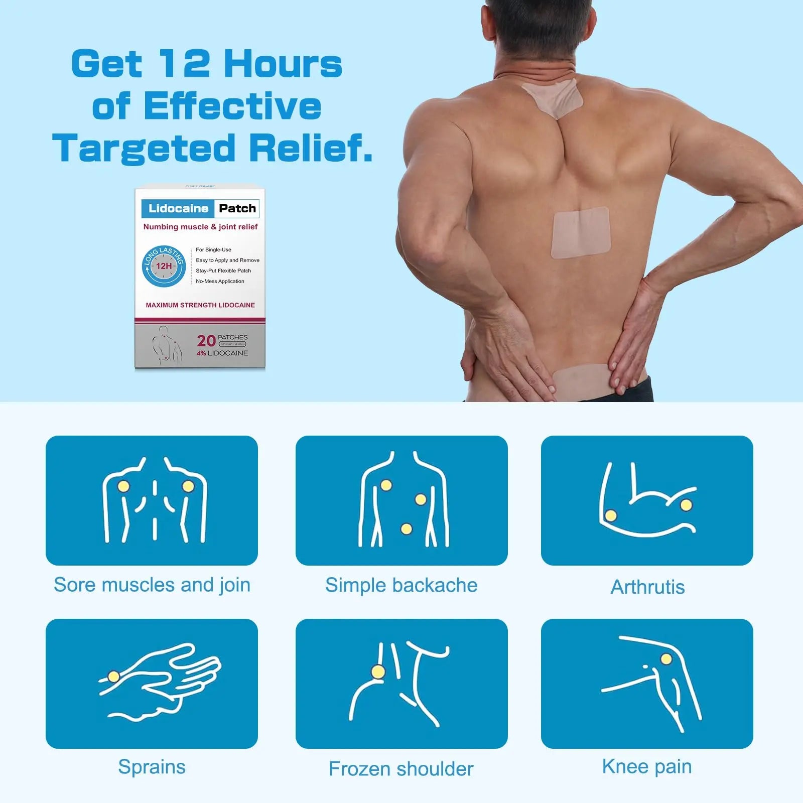 YOAPA 4% Lidocaine Pain Relief Patches | Maximum Strength Numbing Gel Patch for Back, Neck, Knee, Shoulder & Joint Pain | Up to 12 Hour Temporary Relief | 20 Count - G41 YOAPA uk supplements