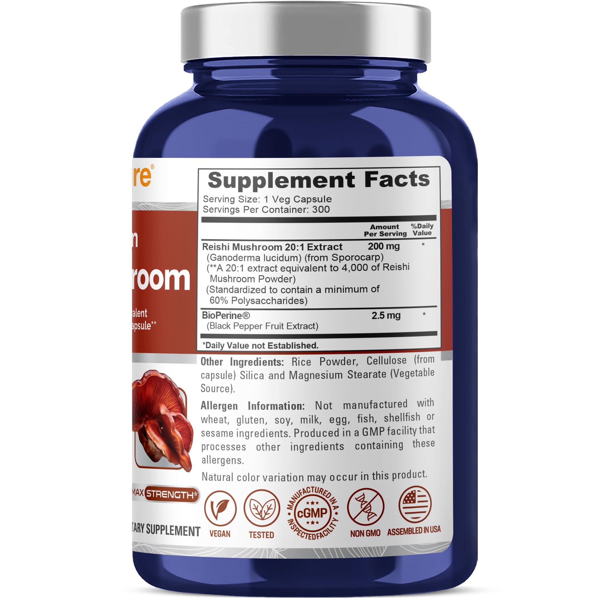 NusaPure Reishi Mushroom Extract 20:1 Extract, 200 mg Equivalent to 4000mg per Capsule 300 Veggie Caps Vegan, Non-GMO, Vegan NusaPure uk supplements