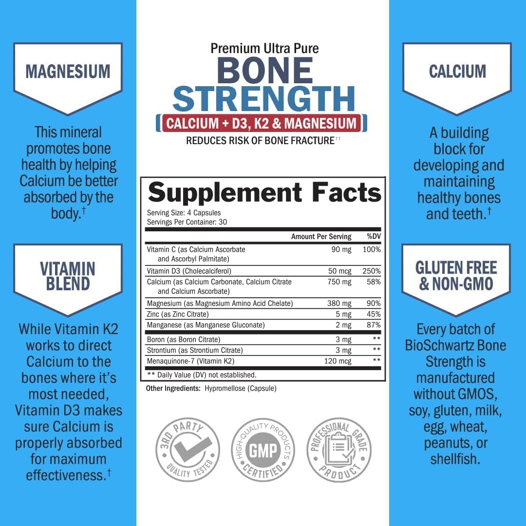 Bone Strength Supplement with Calcium + D3, K2 & Magnesium - Highly Absorbable BioSchwartz uk supplements