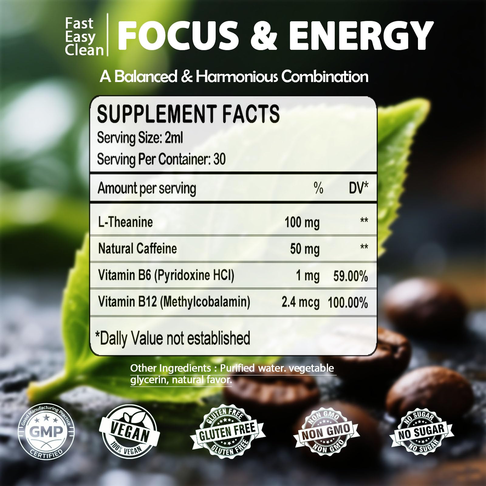 L Theanine Caffeine Liquid Drops, High Potency L-Theanine 100mg w. Caffeine Vitamin B12 B6, Natural Nootropic Brain for Smooth Energy Focus Alertness, 6X Stronger Than Pills Powder Gum WellVeraVida uk supplements