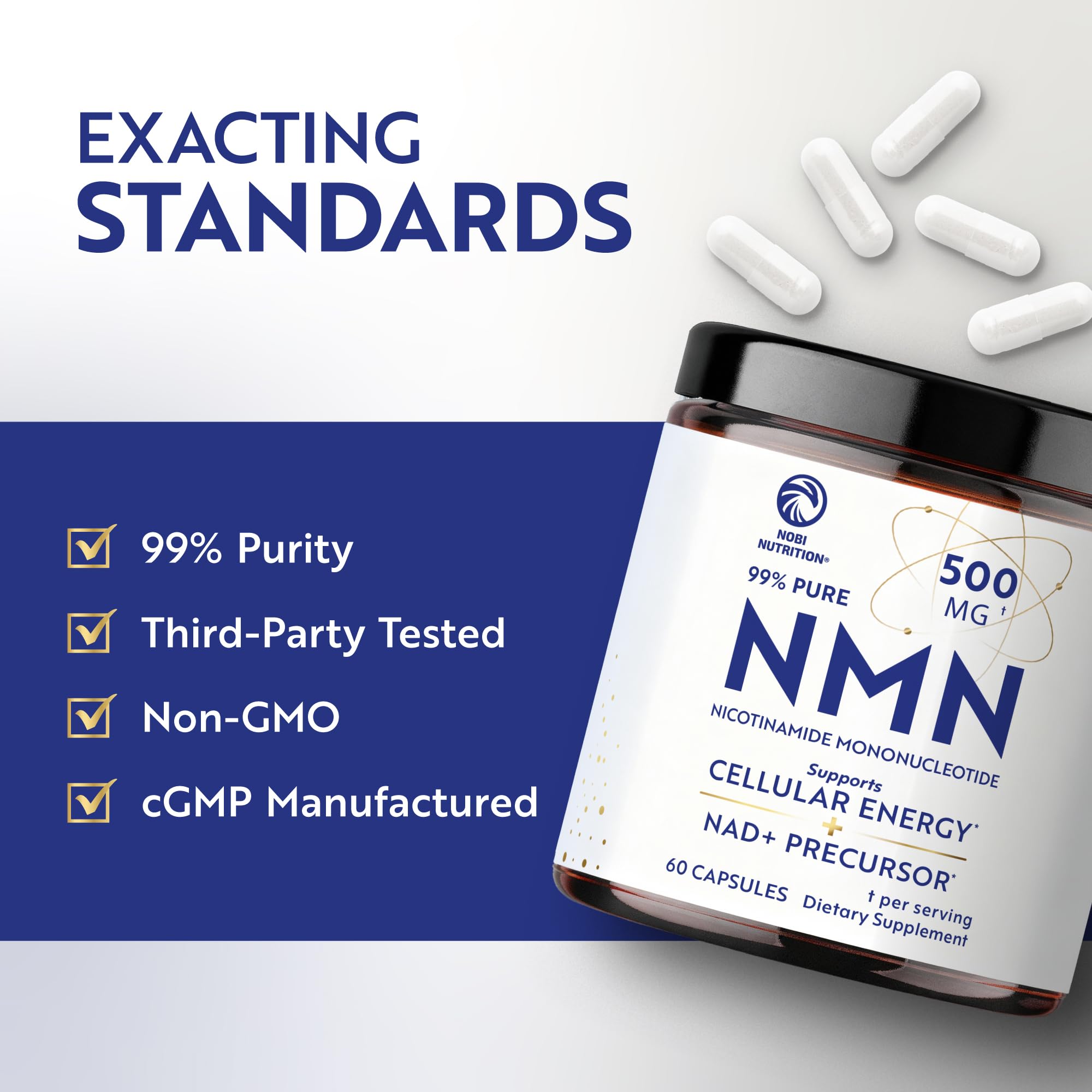 NMN Supplement 500mg | 99% Pure | NAD+ Precursor for Cellular Energy, Longevity, Repair, and Healthy Aging Support | Third-Party Tested & Non-GMO | Nicotinamide Mononucleotide | 60 NMN Capsules Nobi Nutrition uk supplements
