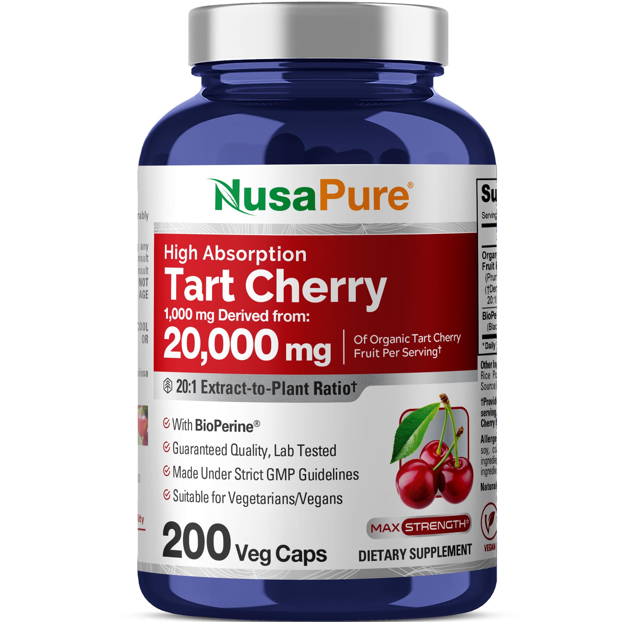 NusaPure Organic Tart Cherry 20:1 Extract, 1000 mg Equivalent to 20,000 mg 200 Veggie Caps (Vegan, Non-GMO) Bioperine NusaPure uk supplements