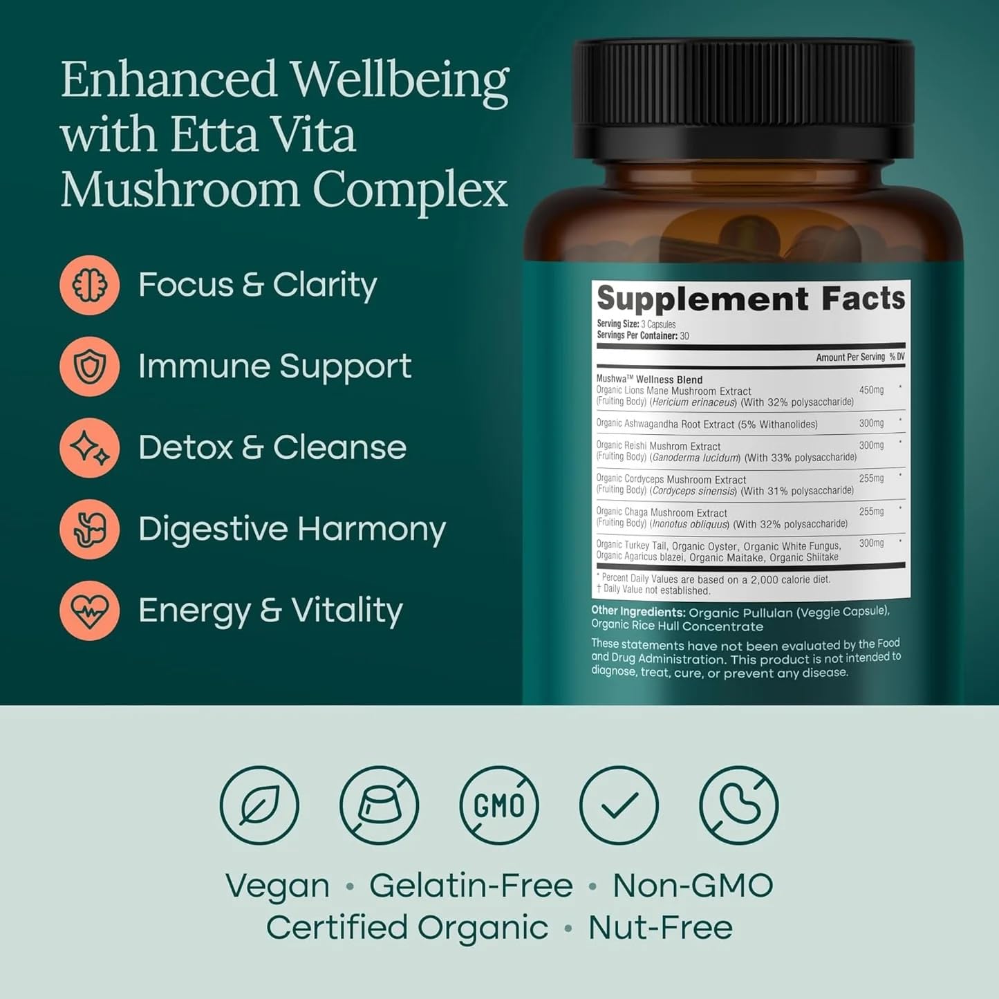 USDA Organic Lions Mane Supplement Capsules with Ashwagandha, Chaga, Reishi, Cordyceps, Turkey Tail (18,600mg/serv) 10x Adaptogenic Mushroom Complex as Focus Supplement - Energy, Immunity & Nootropic Etta Vita uk supplements