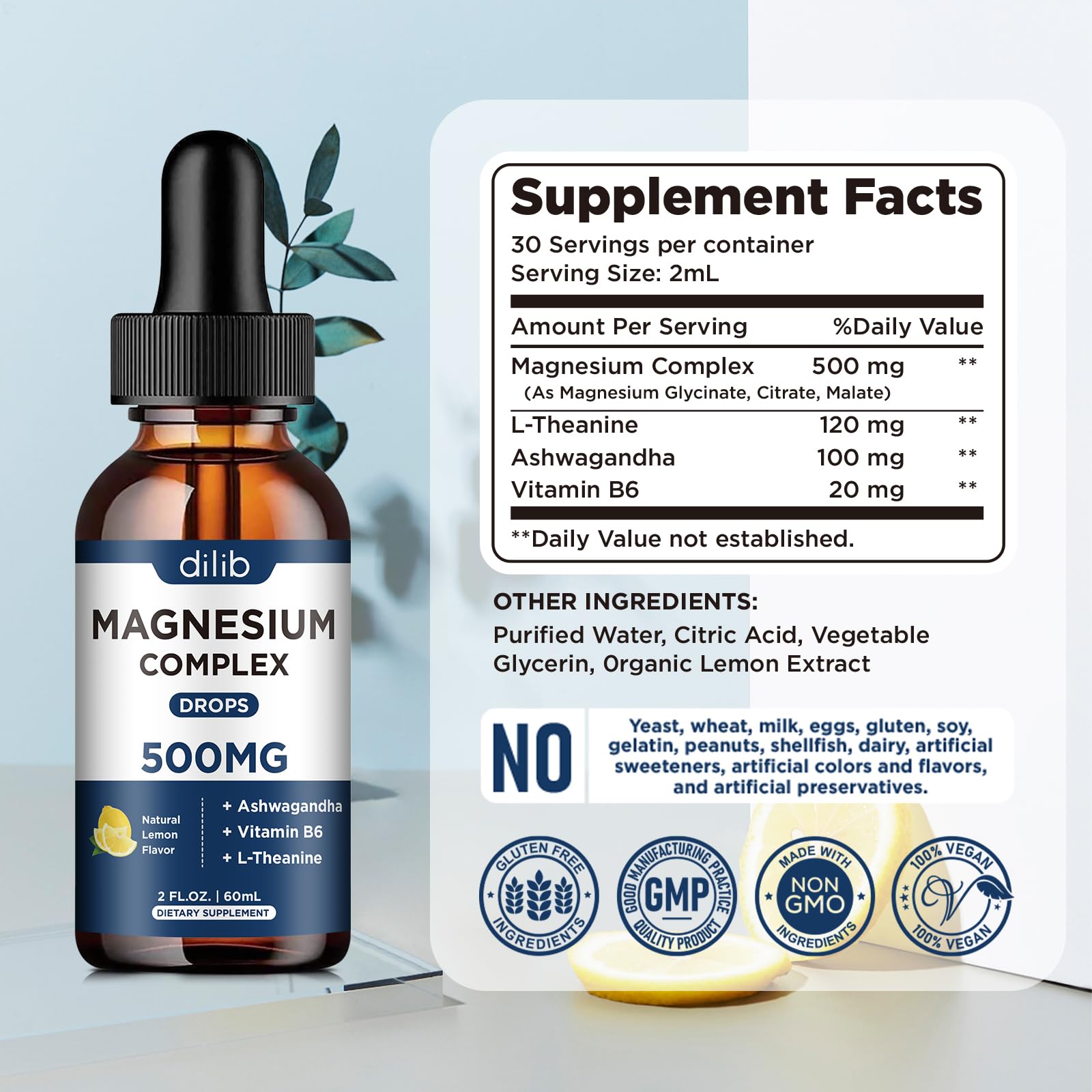 Magnesium Glycinate Liquid Drops, Triple Magnesium Complex Supplement with Citrate, Malate 500mg Ashwagandha, L-Theanine, Vitamin B6 for Sleep, Calm, Stress Relief, Bone, Muscle, Mood - Lemon Flavor dilib uk supplements
