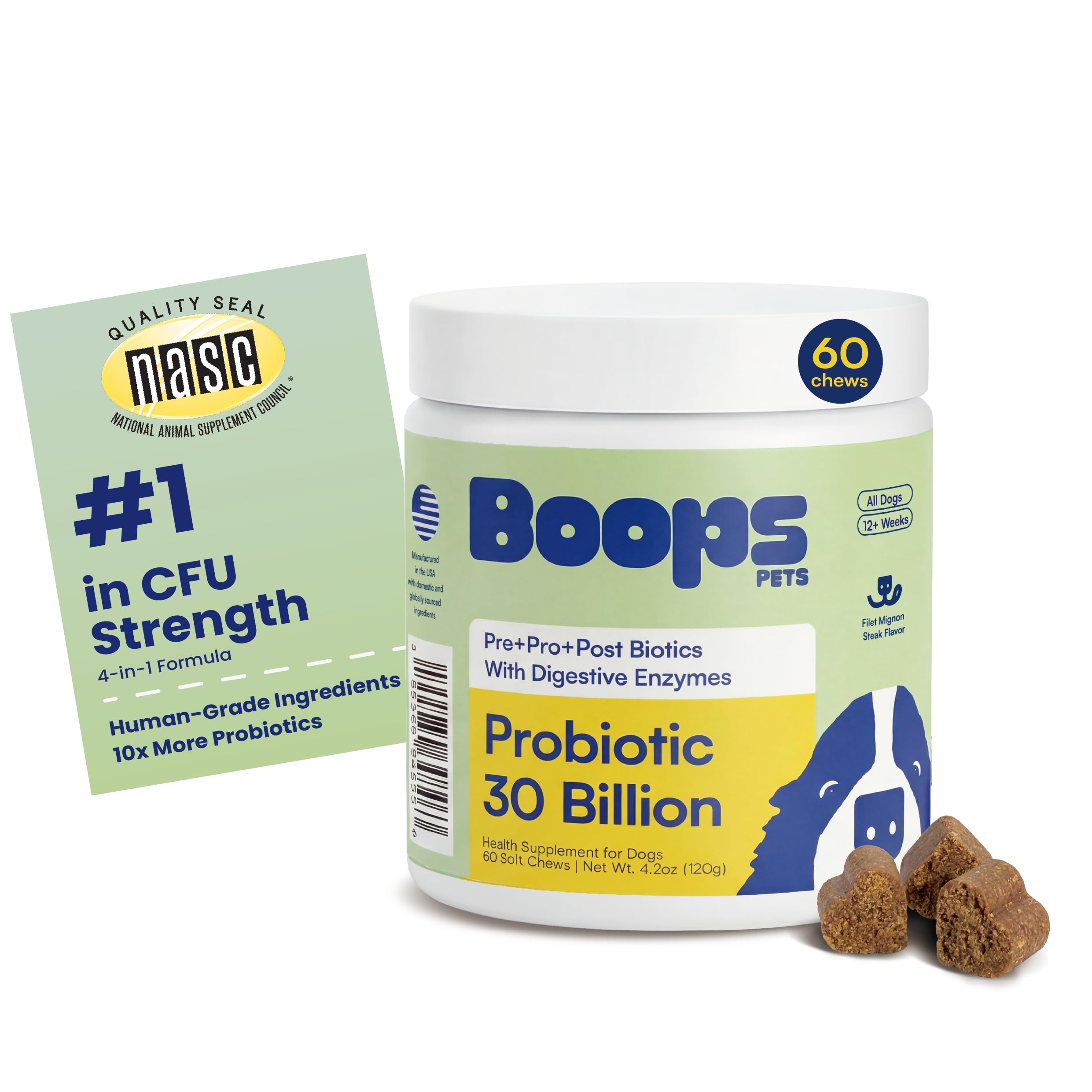 Boops Pets Probiotics for Dogs – 30 Billion CFU with Pre, Postbiotics & Digestive Enzymes – Supports Gut Health, Immunity, Loose Stools & Allergies – Filet Mignon Flavor – Vet Formulated – 60 Chews Boops Pets uk supplements