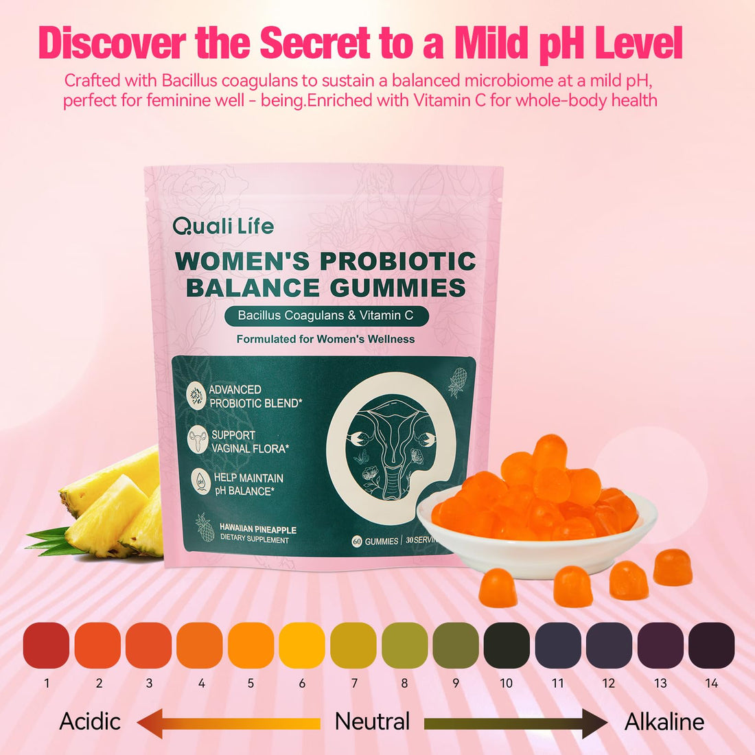 QualiLife Premium Feminine Balance Gummies for Women – Probiotic Vaginal Health Support with Vitamin C – pH Balance & Flora Support – Sugar Free, Vegan, Hawaiian Pineapple Flavor – 60 Gummies (1) QualiLife uk supplements