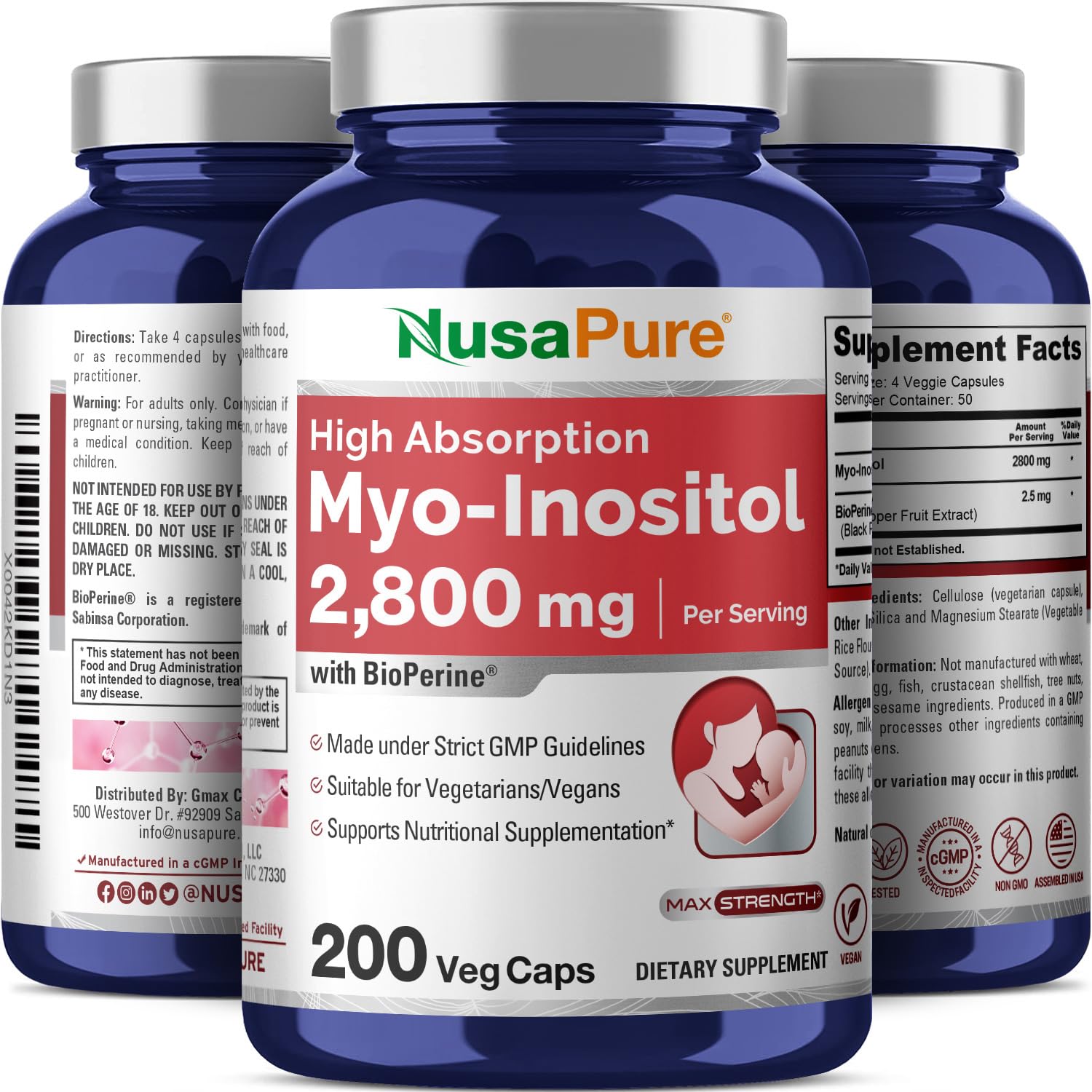 NusaPure Myo-Inositol - Suitable for Vegetarian/Vegan, Non - GMO - 2800mg, 200 Capsules NusaPure uk supplements