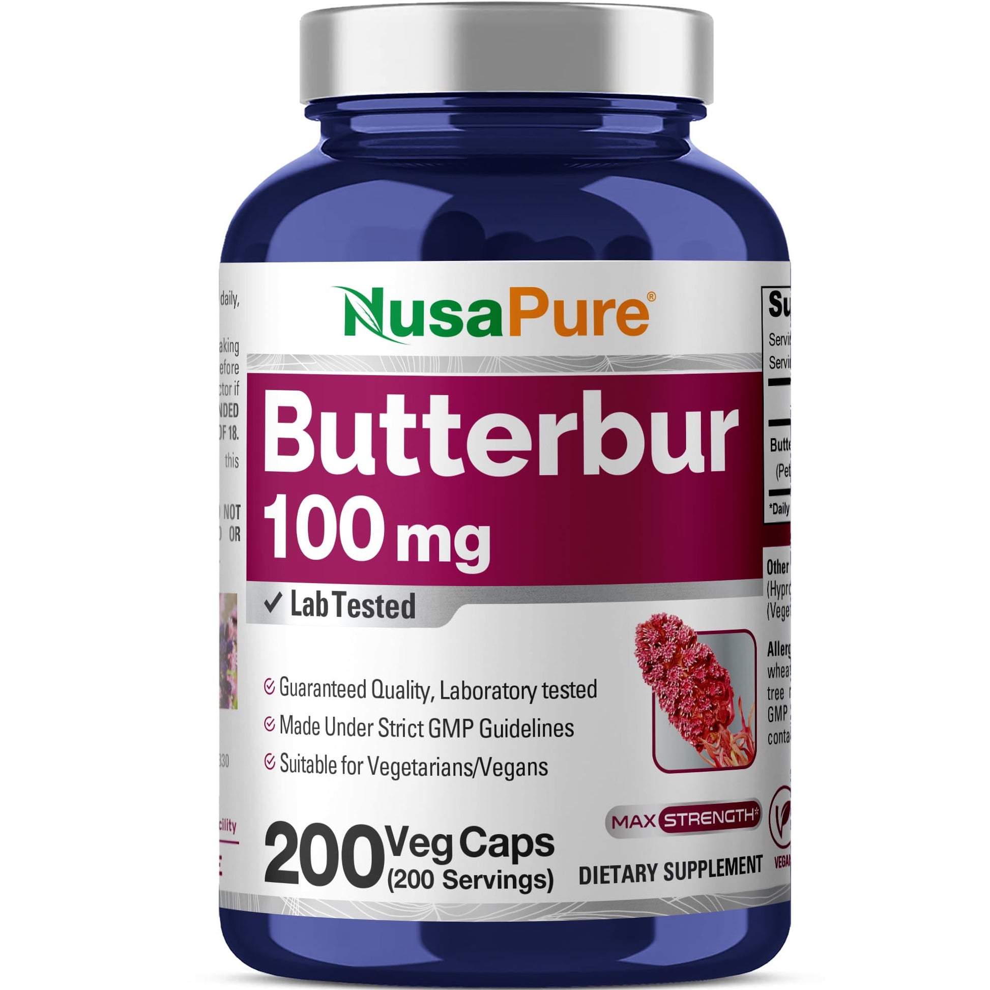 NusaPure Butterbur Extract 100mg per caps 200 Veggie Capsules (Non-GMO, Vegetarian, Vegan) NusaPure uk supplements